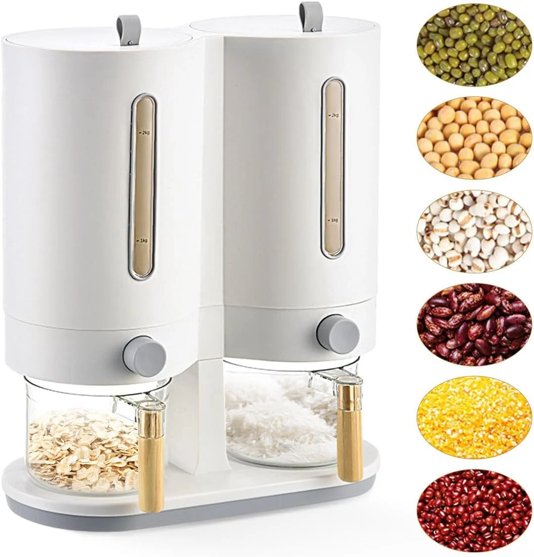ظرف دوگانه نگهداری برنج LANGMINGDE، مخزن ذخیره برنج با 2 پیمانه اندازه گیری، جا حبوبات و غلات 2 در 1، مناسب برای آشپزخانه منزل با درب محکم ظرف دوگانه نگهداری برنج LANGMINGDE، مخزن ذخیره برنج با 2 پیمانه اندازه گیری، جا حبوبات و غلات 2 در 1، مناسب برای آشپزخانه منزل با درب محکم