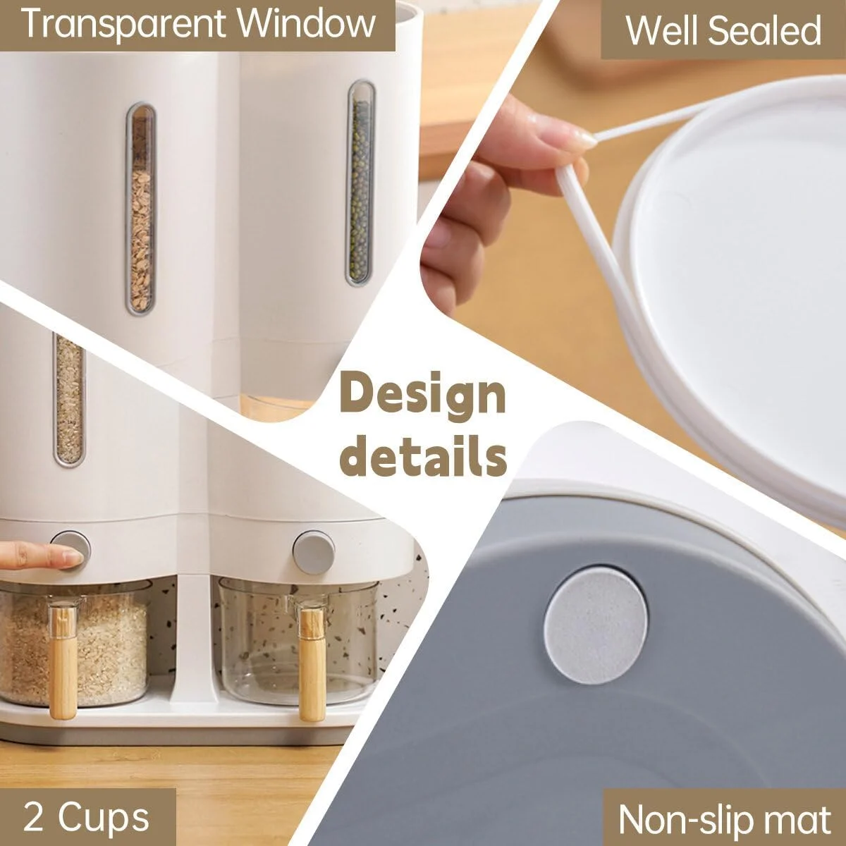 ظرف دوگانه نگهداری برنج LANGMINGDE، مخزن ذخیره برنج با 2 پیمانه اندازه گیری، جا حبوبات و غلات 2 در 1، مناسب برای آشپزخانه منزل با درب محکم
