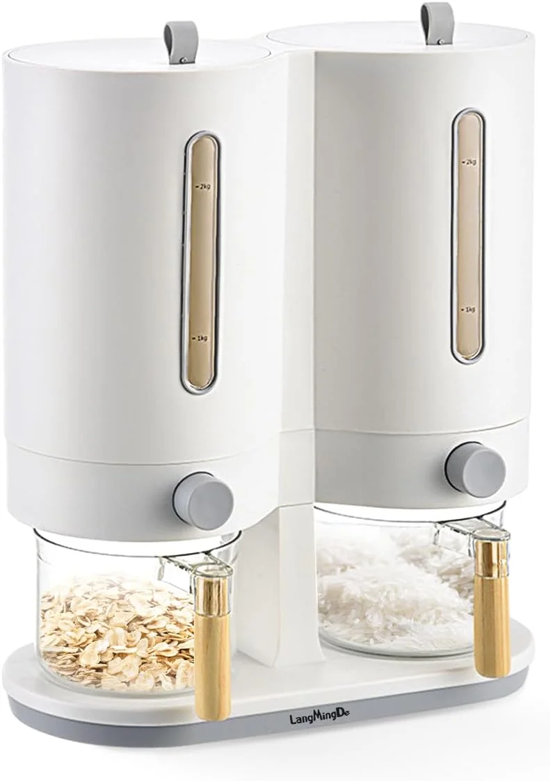 ظرف دوگانه نگهداری برنج LANGMINGDE، مخزن ذخیره برنج با 2 پیمانه اندازه گیری، جا حبوبات و غلات 2 در 1، مناسب برای آشپزخانه منزل با درب محکم
