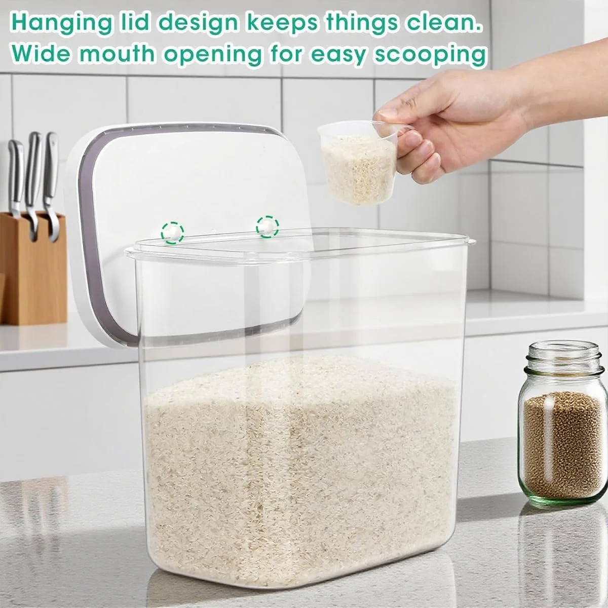 ظرف بزرگ برنج LENND با ظرفیت 10 کیلوگرم و دستگیره های حمل آسان - ظرف 12 لیتری نگهداری آرد با درب بازشو و قلاب آویز برای استفاده تمیزتر، سطل نگهداری مواد غذایی ضد هوا برای سازماندهی آشپزخانه ظرف بزرگ برنج LENND با ظرفیت 10 کیلوگرم و دستگیره های حمل آسان - ظرف 12 لیتری نگهداری آرد با درب بازشو و قلاب آویز برای استفاده تمیزتر، سطل نگهداری مواد غذایی ضد هوا برای سازماندهی آشپزخانه