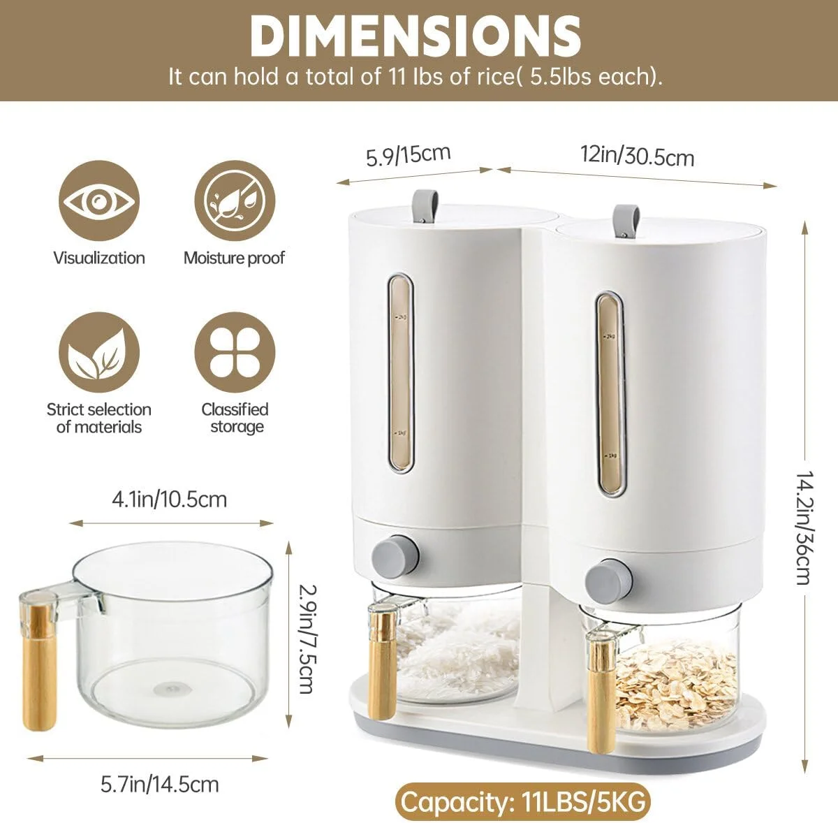ظرف دوگانه نگهداری برنج LANGMINGDE، مخزن ذخیره برنج با 2 پیمانه اندازه گیری، جا حبوبات و غلات 2 در 1، مناسب برای آشپزخانه منزل با درب محکم