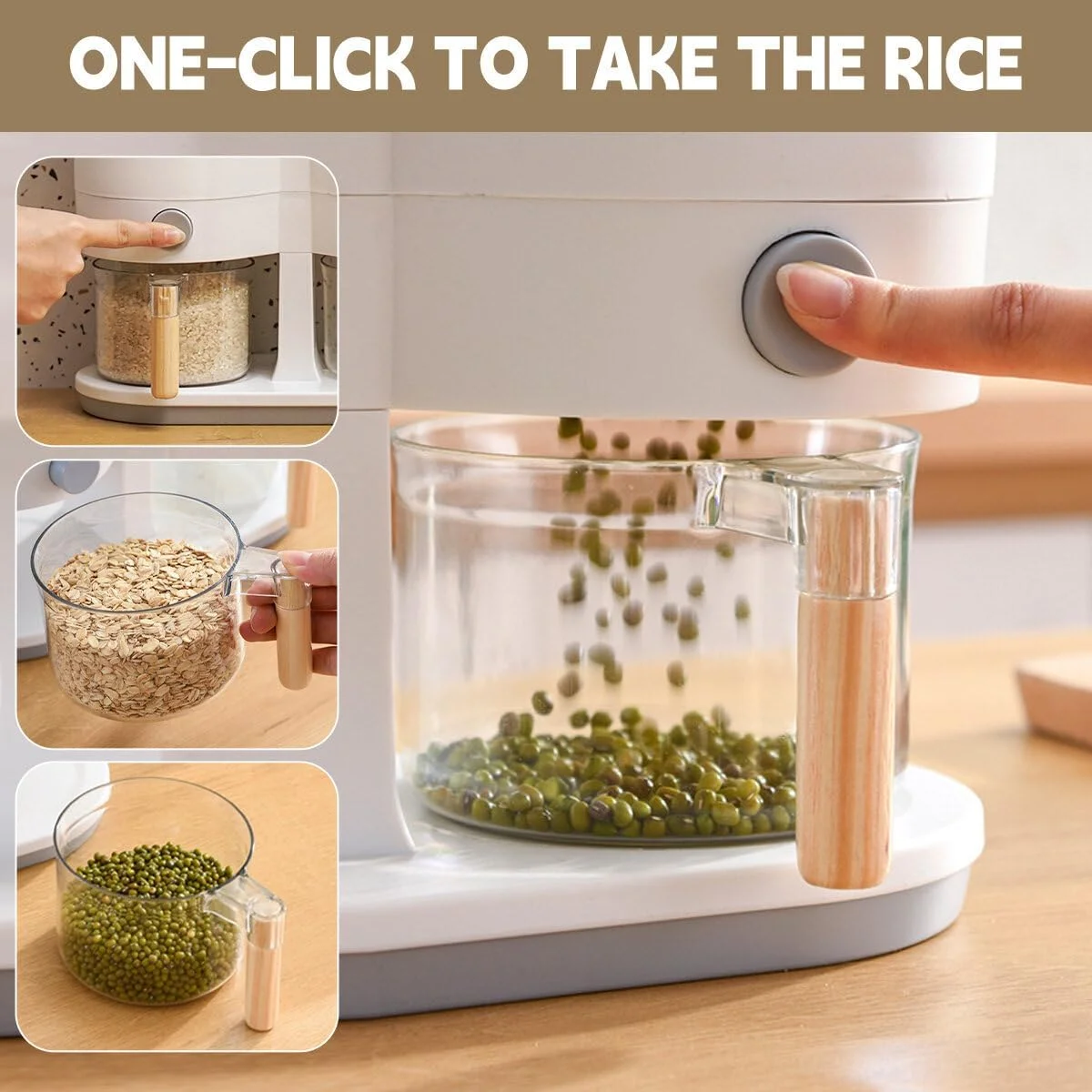 ظرف دوگانه نگهداری برنج LANGMINGDE، مخزن ذخیره برنج با 2 پیمانه اندازه گیری، جا حبوبات و غلات 2 در 1، مناسب برای آشپزخانه منزل با درب محکم