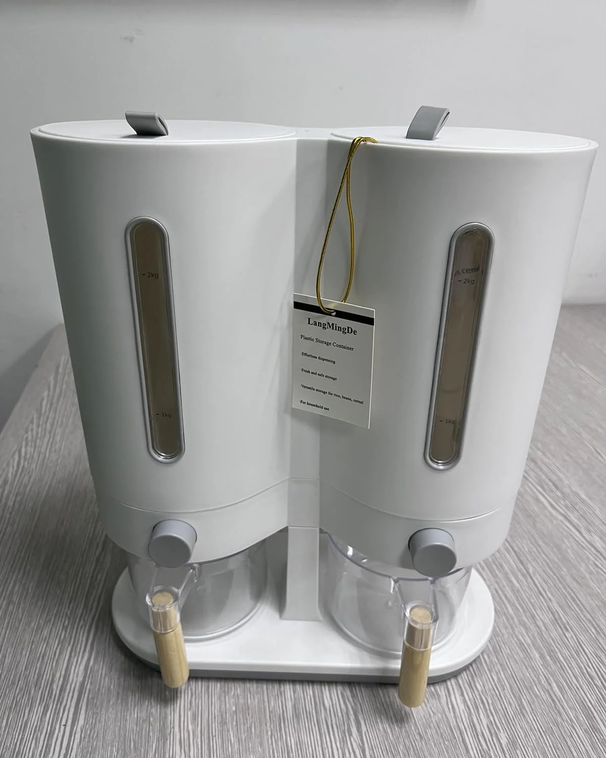 ظرف دوگانه نگهداری برنج LANGMINGDE، مخزن ذخیره برنج با 2 پیمانه اندازه گیری، جا حبوبات و غلات 2 در 1، مناسب برای آشپزخانه منزل با درب محکم