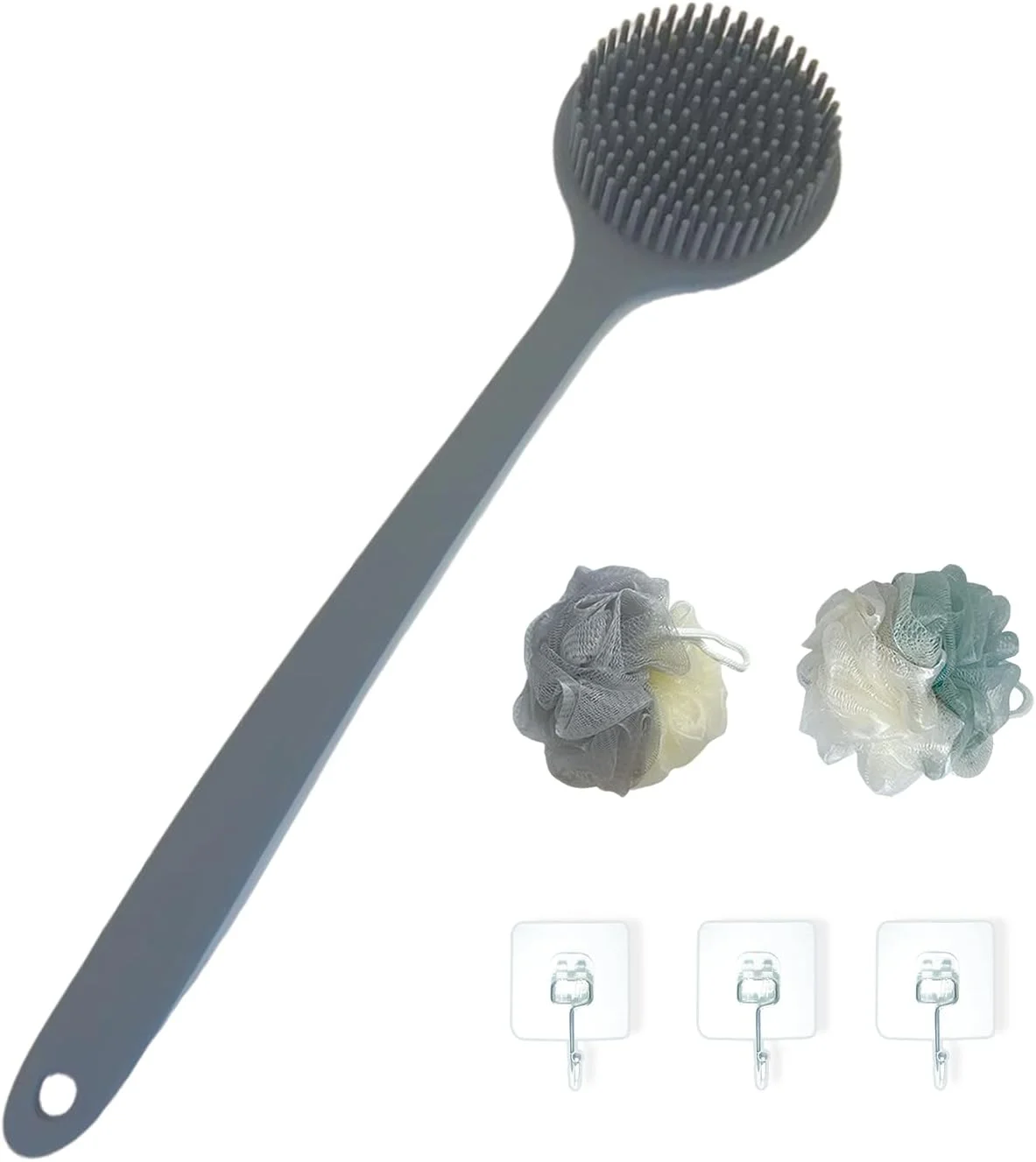 مجموعه برس سیلیکونی پشت شوی alnfessxg برای حمام و شستشوی بدن با دسته بلند (1 برس بدن + 2 توپ حمام + 3 قلاب چسبنده اضافی) خاکستری