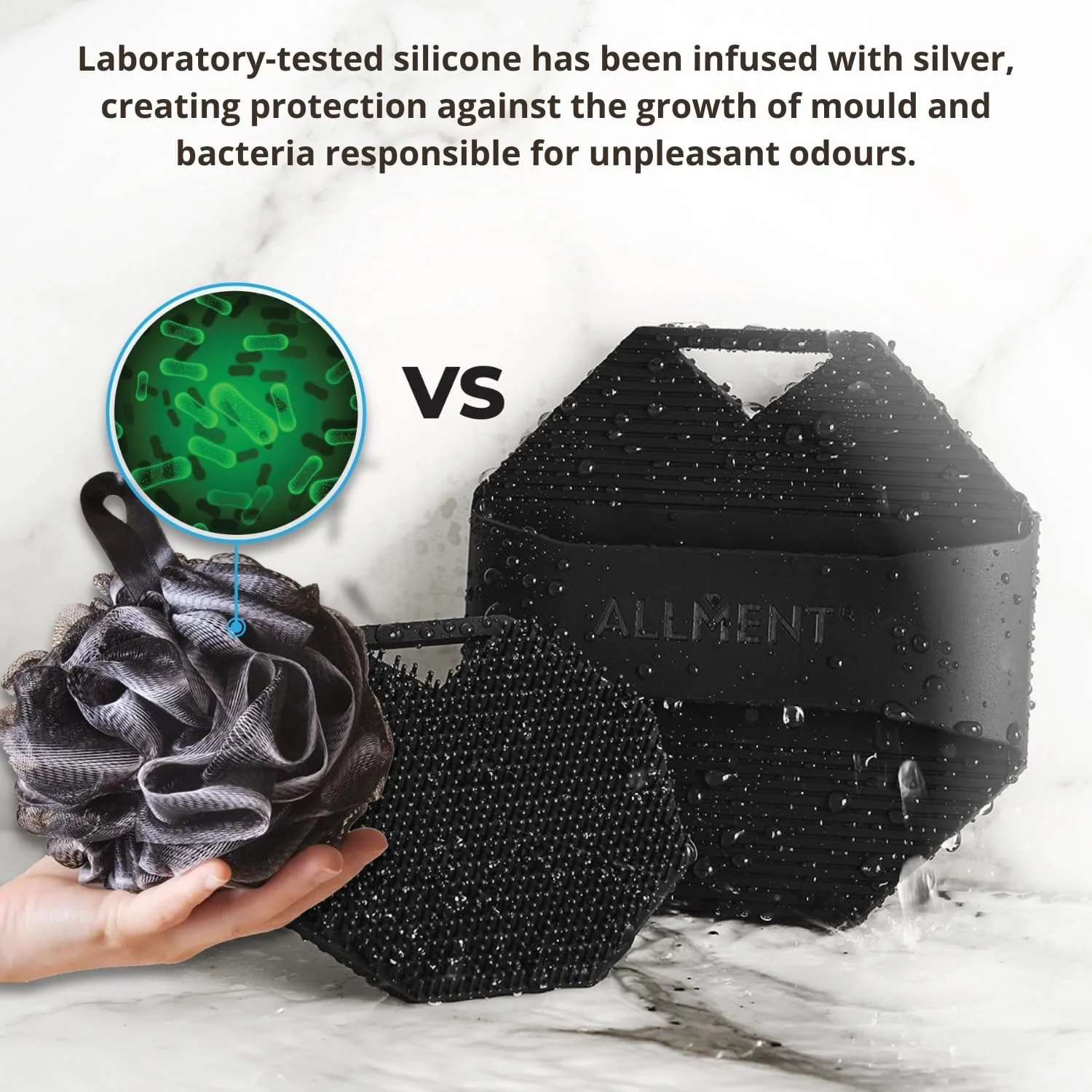 ALLMENT® Scrubber Duo - ست اسکرابر سیلیکونی آنتی میکروبیال ممتاز صورت و بدن برای لایه برداری و پاکسازی عمیق پوست - برس دوش سازگار با محیط زیست BacteriaFree™ - جایگزین لیف و اسفنج حمام
