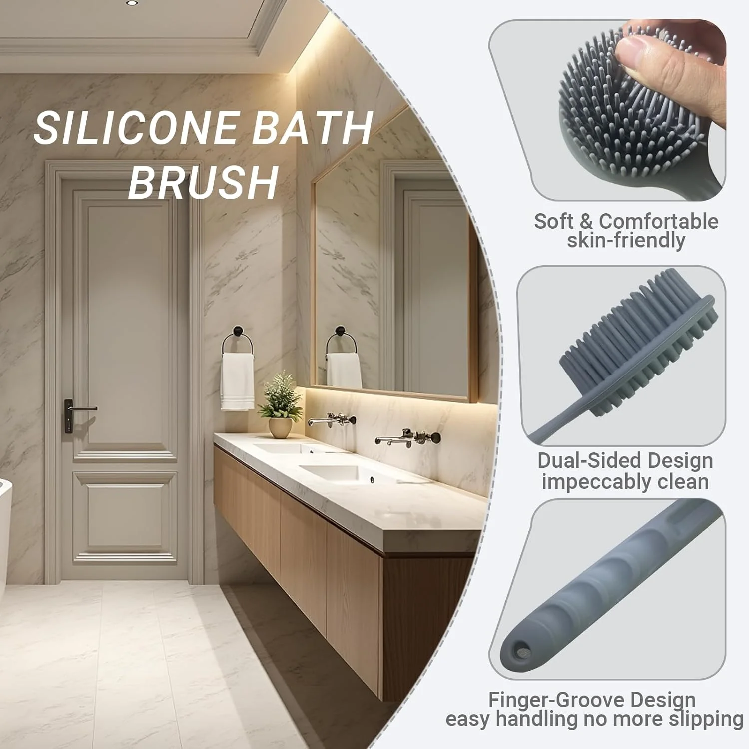 مجموعه برس سیلیکونی پشت شوی alnfessxg برای حمام و شستشوی بدن با دسته بلند (1 برس بدن + 2 توپ حمام + 3 قلاب چسبنده اضافی) خاکستری