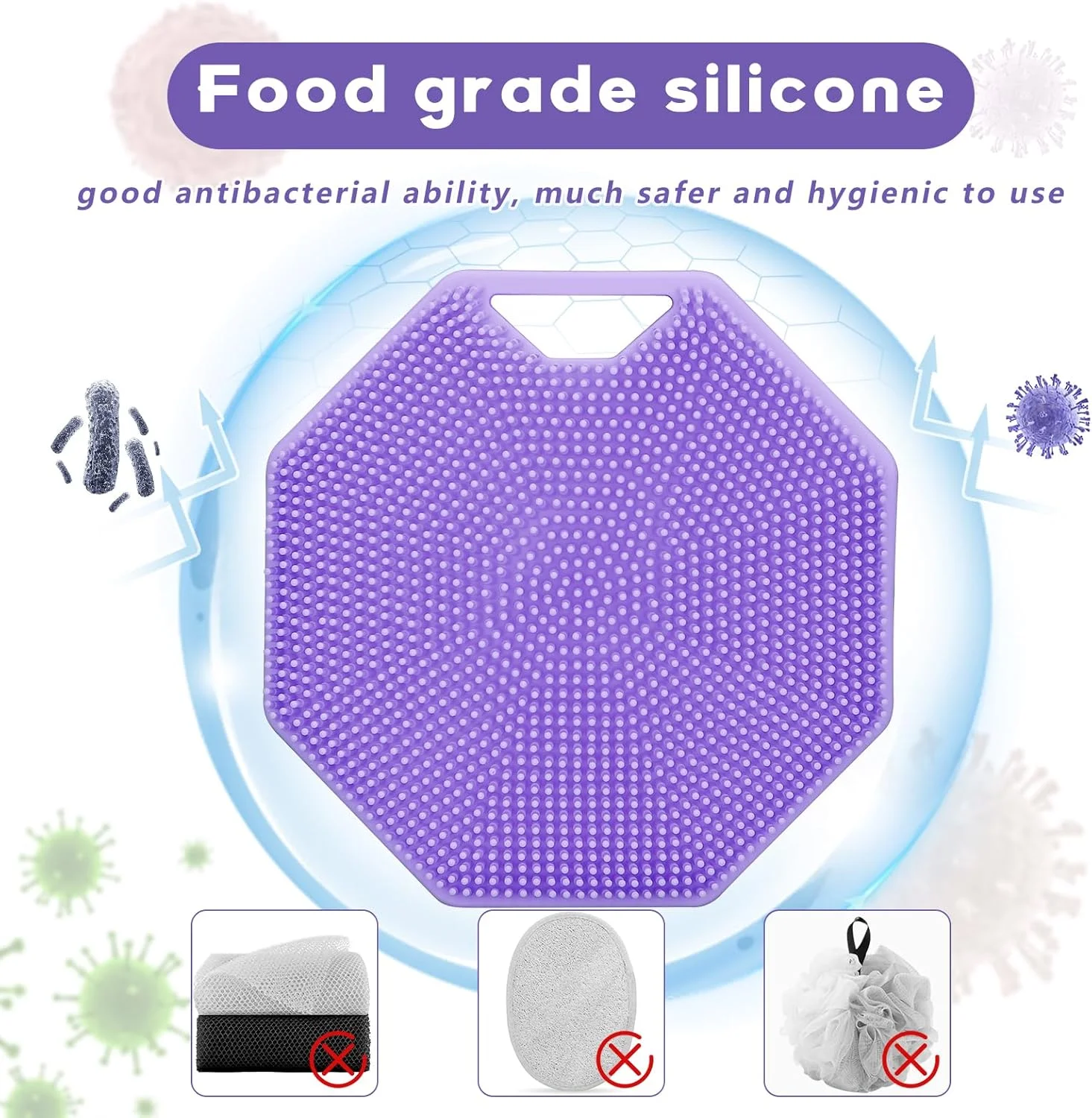 لیف سیلیکونی بدن Alyvisun با قلاب و مکش، برس حمام دستی برای بدن [لایه برداری و ماساژ ملایم]، برس پاک کننده بدن برای انواع پوست (بنفش)