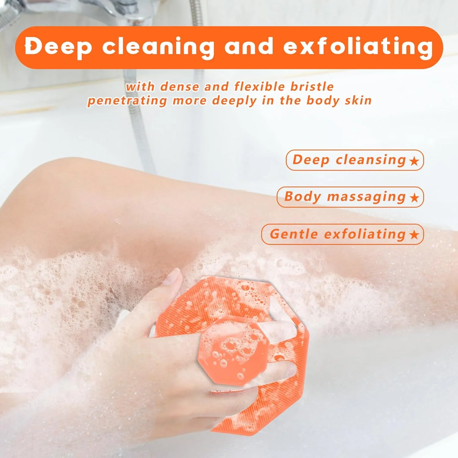 برس بدن سیلیکونی آلیویسان مناسب حمام به همراه قلاب و مکنده، برس ماساژ بدن [لایه برداری ملایم و ماساژ]، اسکرابر سیلیکونی بدن مناسب برای انواع پوست (نارنجی)