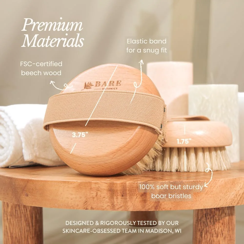 برس خشک بدن Bare Botanics برای تخلیه لنفاوی - بهبود گردش خون با لایه برداری ملایم برای پوست نرم - طراحی ارگونومیک با بند الاستیک - موهای برس نرم اما محکم از موی طبیعی گراز