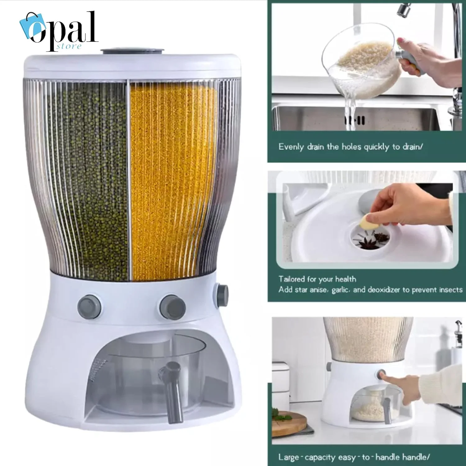 ظرف نگهداری برنج اوپال، استوانه مدرج اتوماتیک و درب دار ظرف نگهداری برنج اوپال، استوانه مدرج اتوماتیک و درب دار