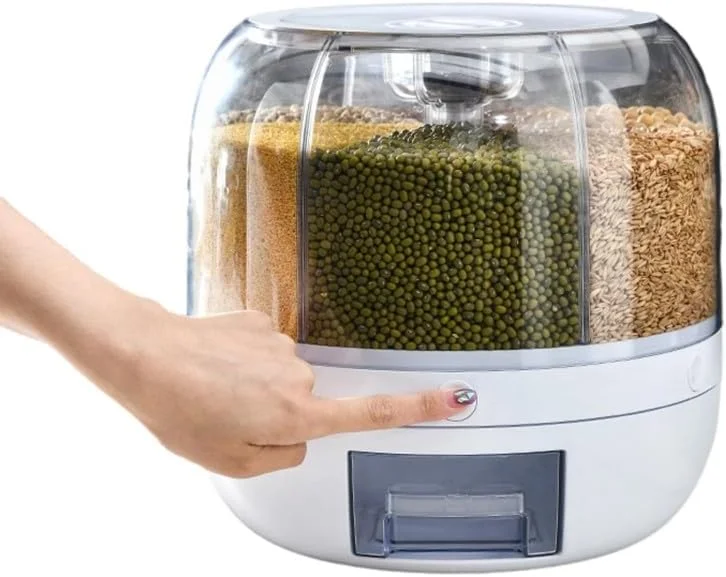 ظرف نگهدارنده حبوبات چرخشی 360 درجه، 6 محفظه ای، مناسب برای غلات، ظرف گرد پخش کننده برنج، مناسب برای غلات، تنقلات، غذای سگ و دانه های قهوه