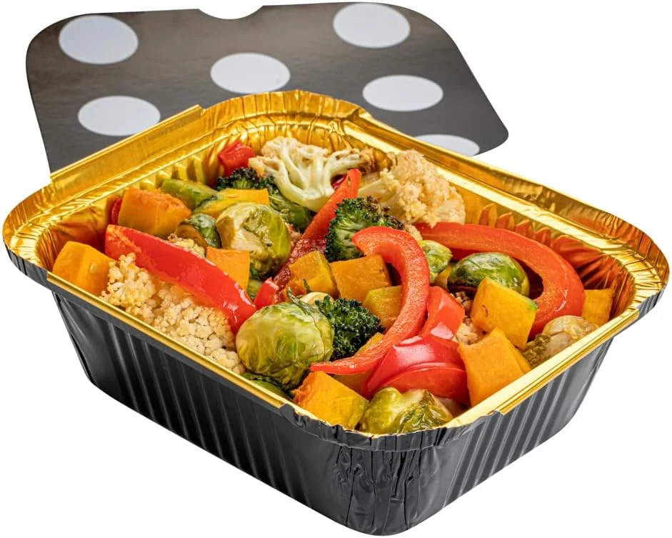 ظروف بیرون بر یکبار مصرف رستوران ور، 350 میلی لیتری، 50 عدد ظرف غذا مستطیلی - همراه با درب خالدار، ظروف مشکی و طلایی، ظروف آلومینیومی ارسال غذا، قابل انجماد