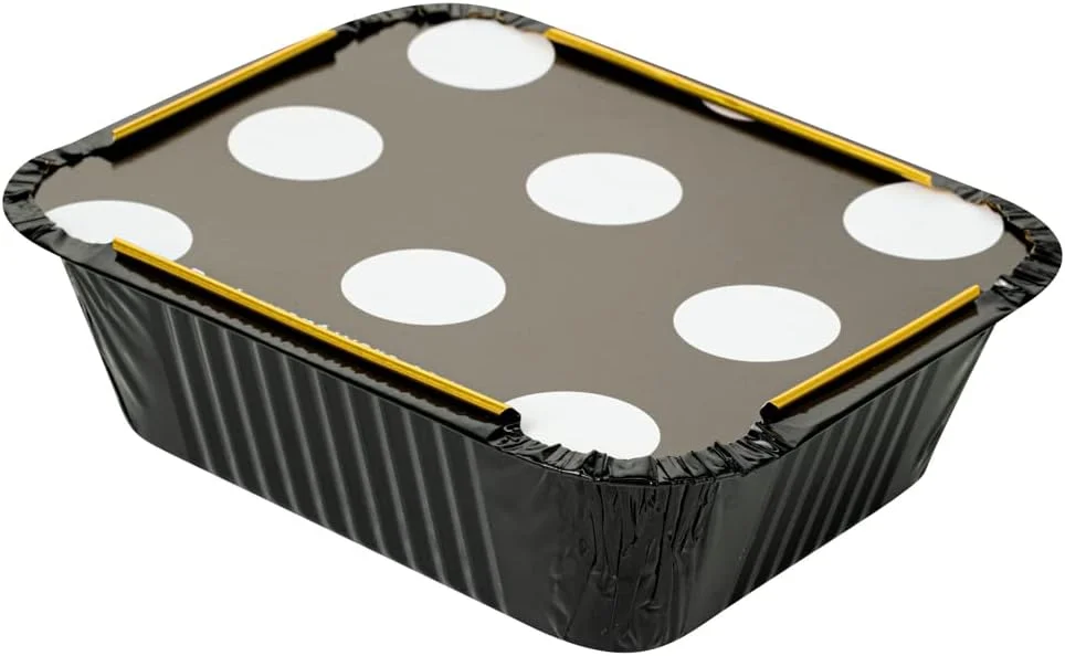 ظروف بیرون بر یکبار مصرف رستوران ور، 350 میلی لیتری، 50 عدد ظرف غذا مستطیلی - همراه با درب خالدار، ظروف مشکی و طلایی، ظروف آلومینیومی ارسال غذا، قابل انجماد