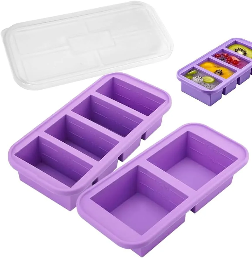 قالب سیلیکونی یخ مکعبی 2 بسته سینی فریزر سیلیکونی با درب 4 فنجان و 2 فنجان ظرف فریزر سوپ سیلیکونی قالب های غذایی ظرف آماده سازی آسان غذا برای نگهداری سوپ، کاری، آبگوشت، سس، باقیمانده غذا (T-4/2)