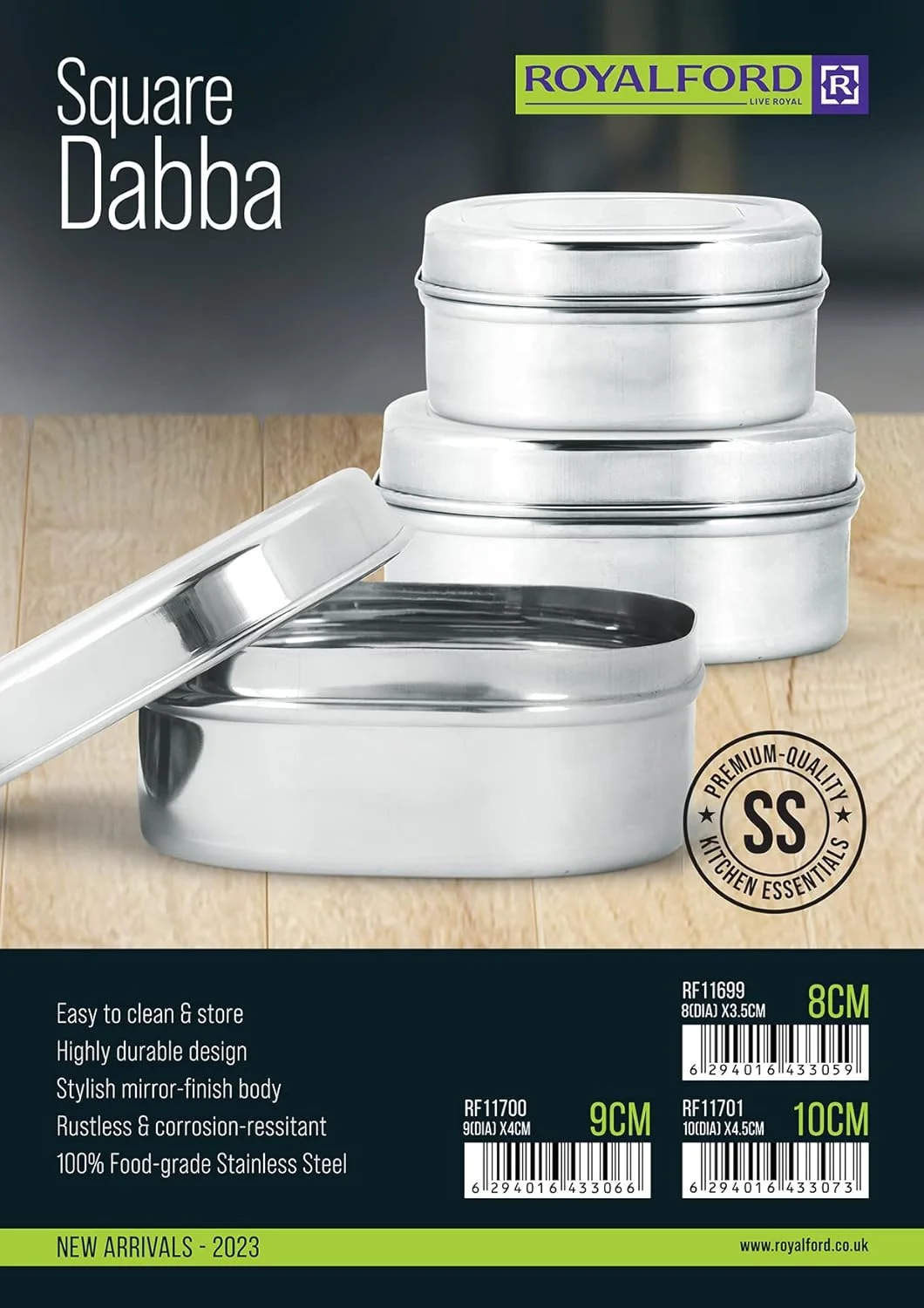 ظرف استیل مربع رویال فورد 10 سانتی متری مدل RF11701، ظرف درب دار برای تازه نگه داشتن غذا | طراحی جمع و جور و قابل حمل، ایده آل برای پوری، برنج، روتی | نقره ای