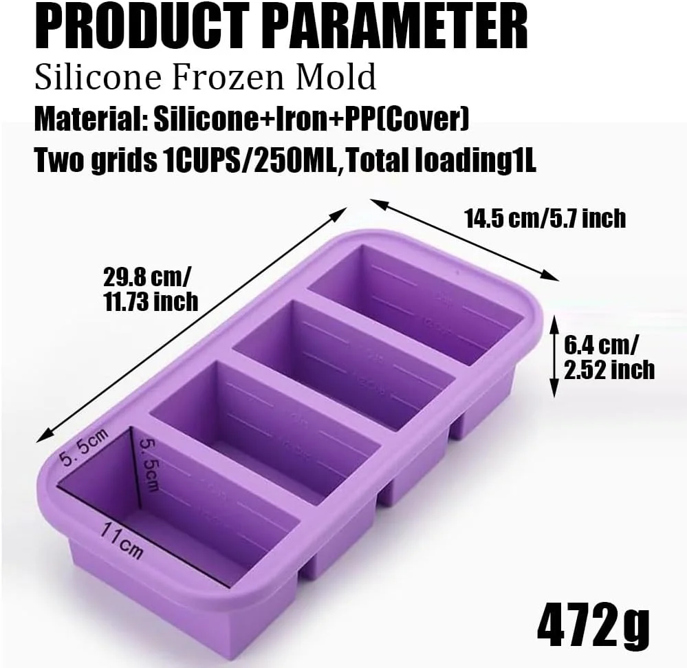 قالب سیلیکونی یخ مکعبی 2 بسته سینی فریزر سیلیکونی با درب 4 فنجان و 2 فنجان ظرف فریزر سوپ سیلیکونی قالب های غذایی ظرف آماده سازی آسان غذا برای نگهداری سوپ، کاری، آبگوشت، سس، باقیمانده غذا (T-4/2)