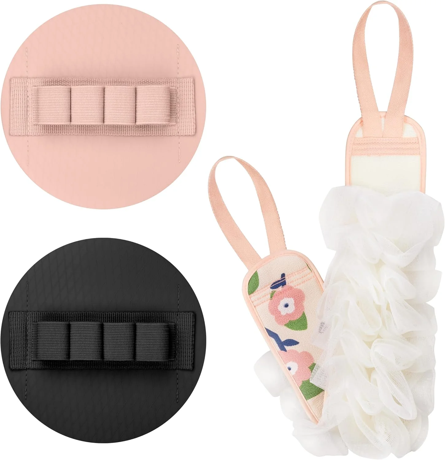 ست اسکرابر حمام 3 تکه: 2 پد سیلیکونی لایه بردار و حوله اسکرابر پشت با دسته بلند دو طرفه برای پاکسازی عمیق. (صورتی و مشکی و صورتی)