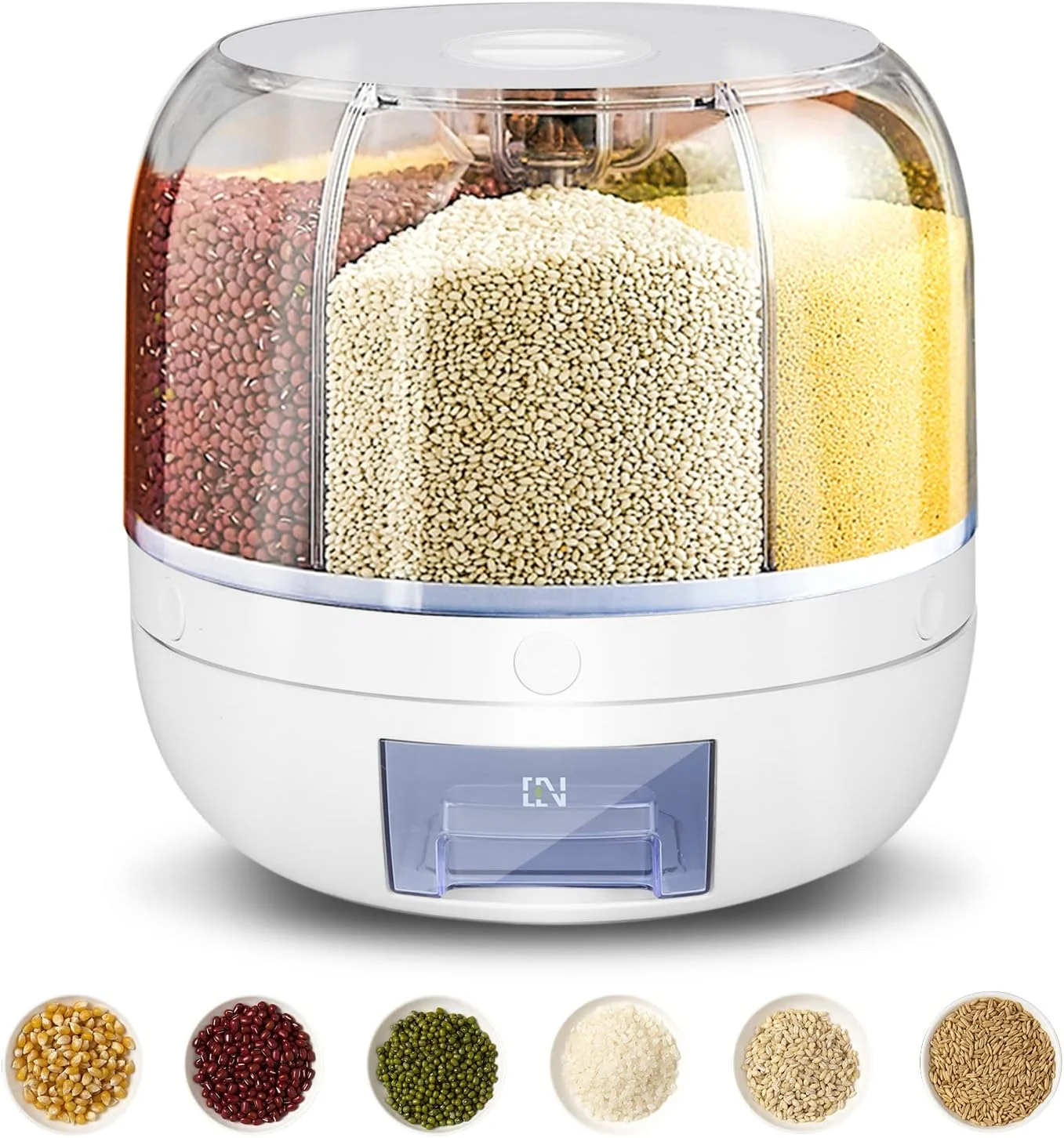 ظرف نگهدارنده غذا با قابلیت چرخش 360 درجه SNNplapla، دارای 6 محفظه، ضد آب و مقاوم در برابر رطوبت، سطل نگهداری غلات خشک مناسب برای آشپزخانه منزل ظرف نگهدارنده غذا با قابلیت چرخش 360 درجه SNNplapla، دارای 6 محفظه، ضد آب و مقاوم در برابر رطوبت، سطل نگهداری غلات خشک مناسب برای آشپزخانه منزل