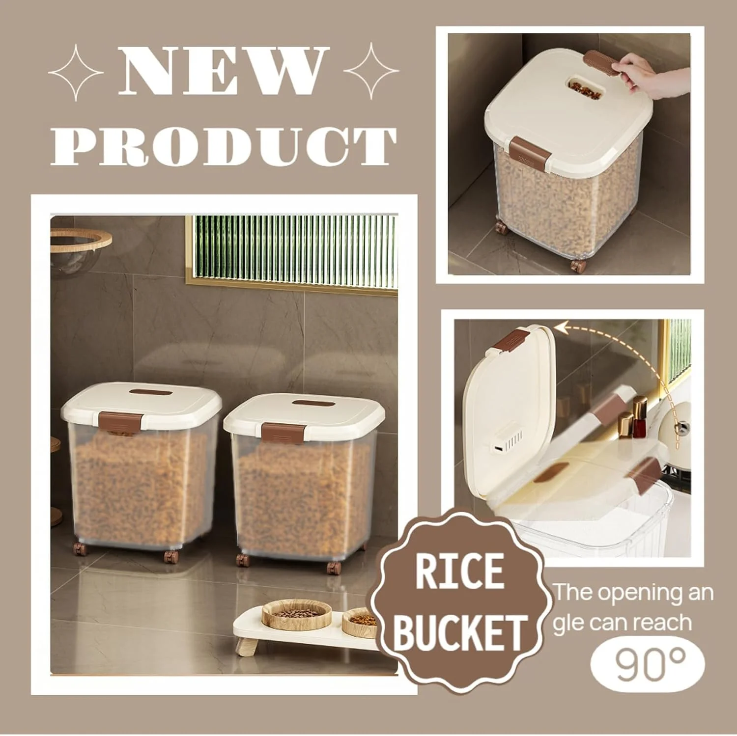 ظرف نگهداری برنج RUIAN، ظرف نگهداری غذای سگ 2 عددی (همراه با قاشق و چرخ)