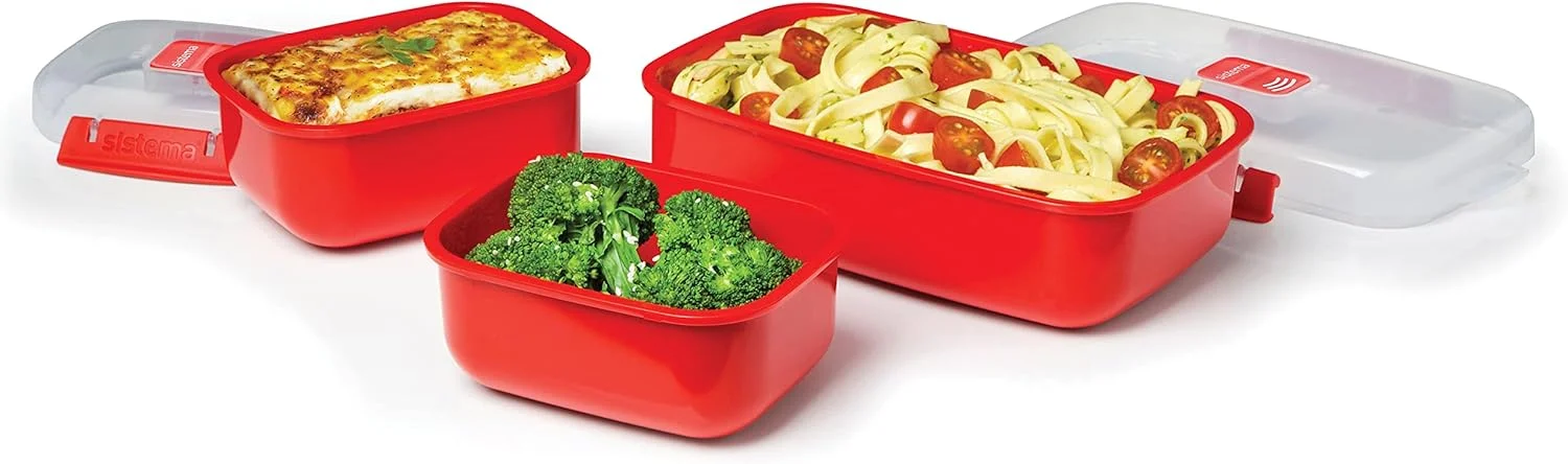 ست ظروف مایکروویو Sistema Heat and Eat | 1.25 لیتر، 525 میلی لیتر | جعبه ناهار مدرسه مناسب مایکروویو با دریچه تخلیه بخار | بدون BPA | قرمز | 3 عدد ست ظروف مایکروویو Sistema Heat and Eat | 1.25 لیتر، 525 میلی لیتر | جعبه ناهار مدرسه مناسب مایکروویو با دریچه تخلیه بخار | بدون BPA | قرمز | 3 عدد