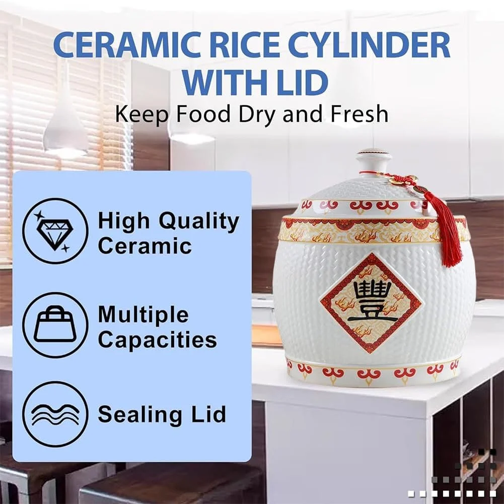 ظروف نگهداری برنج، مخزن غلات با درب، سطل نگهداری مواد غذایی، جعبه سرامیکی نگهداری برنج، ظرف غذای خشک برای برنج، لوبیا، غلات، غذای حیوانات خانگی (2.5 کیلوگرم) (تک رنگ 2.5 کیلوگرم)