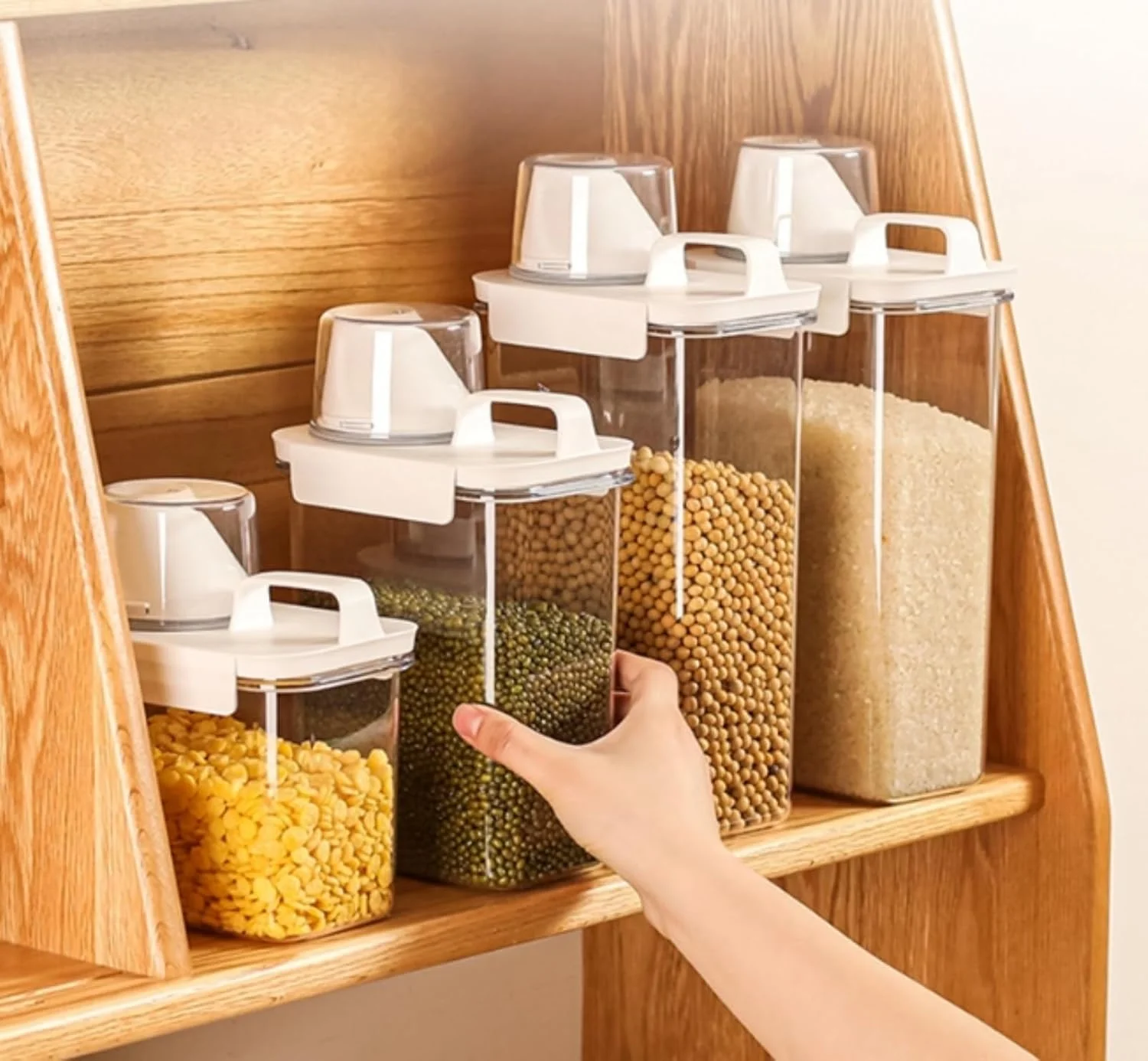 ظرف نگهداری غلات TAME، ظرف نگهداری برنج 2.3 لیتری با پیمانه اندازه گیری، ظروف نگهداری مواد غذایی درب دار، سطل پلاستیکی شفاف نگهداری مواد غذایی خشک آشپزخانه برای غلات، جو دوسر، تنقلات، غذای سگ خانگی (2.3 لیتر)