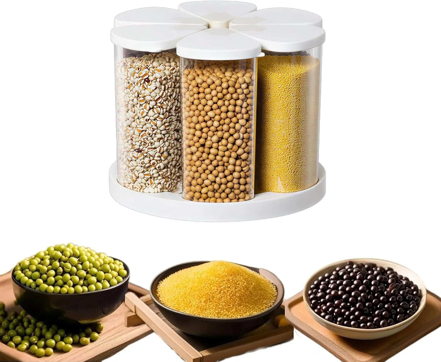 ظرف نگهداری مواد غذایی آشپزخانه TAME، محفظه چرخان 360 درجه 6 قسمتی برای نگهداری مواد غذایی خشک به همراه درب، مناسب برای آرد، شکر و برنج