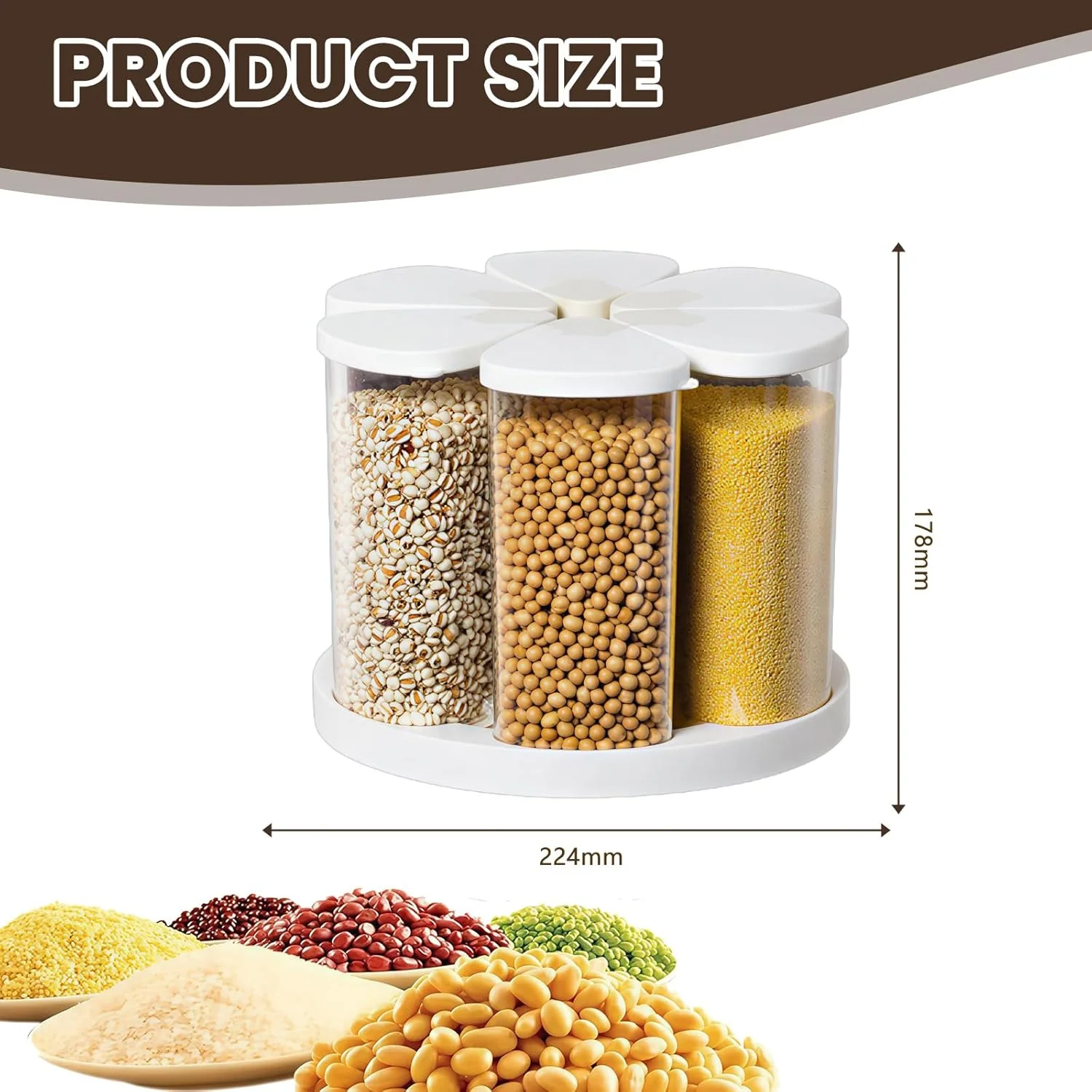 ظرف نگهداری مواد غذایی آشپزخانه TAME، محفظه چرخان 360 درجه 6 قسمتی برای نگهداری مواد غذایی خشک به همراه درب، مناسب برای آرد، شکر و برنج