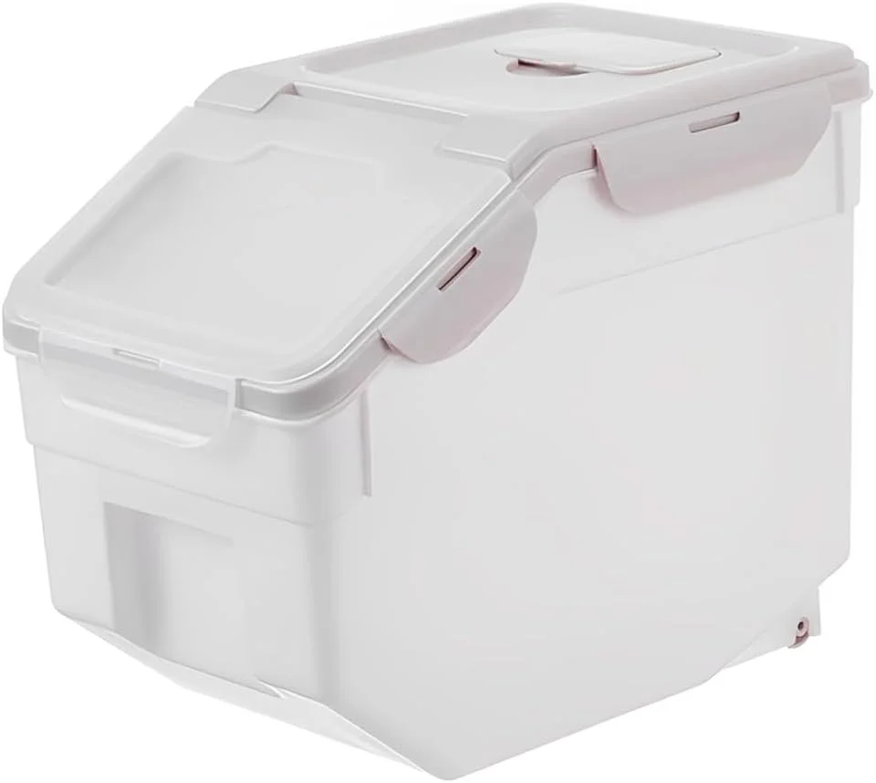 ظرف نگهداری برنج TOMVAES، سطل برنج سفید بژ با درب، سطل غذای حیوانات خانگی غلات، درام گرد برنج ضد حشرات و رطوبت، مناسب برای مصارف خانگی، 10 کیلوگرم