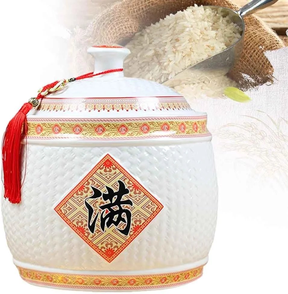 ظروف نگهداری مواد غذایی TODYLUCK، ظرف سرامیکی برنج با درب محکم، ظرف نگهداری آرد و غلات با طراحی منگوله، سطل برنج (2.5 کیلوگرم) (تک رنگ 7.5 کیلوگرم)