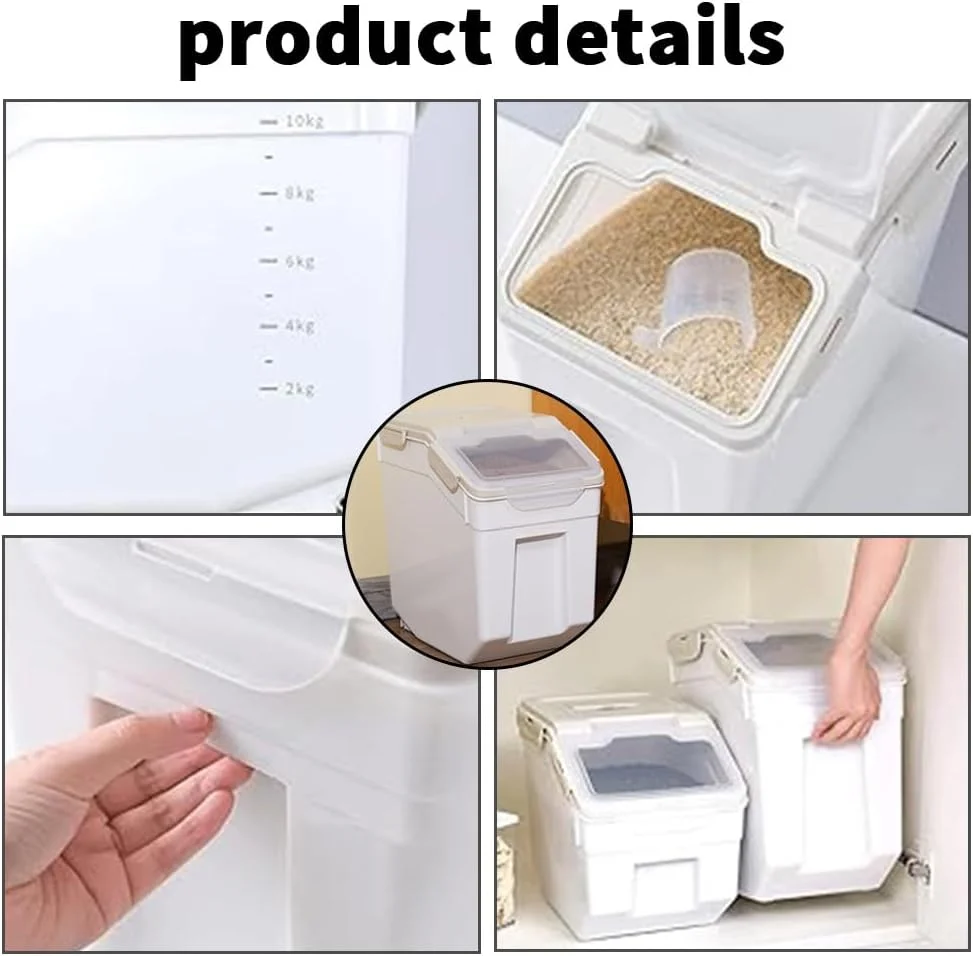 ظرف نگهداری برنج TOMVAES، سطل برنج سفید بژ با درب، سطل غذای حیوانات خانگی غلات، درام گرد برنج ضد حشرات و رطوبت، مناسب برای مصارف خانگی، 10 کیلوگرم