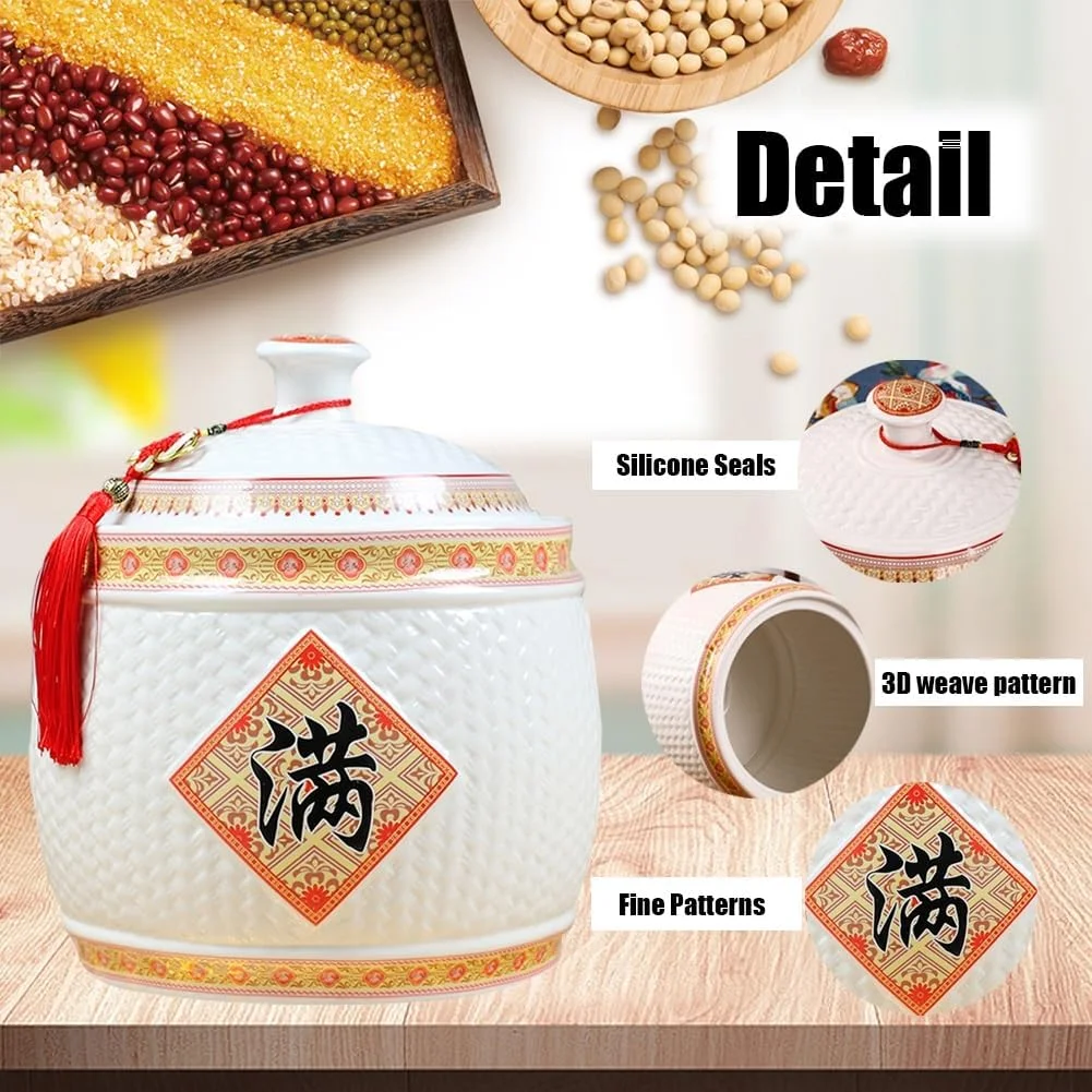 ظروف نگهداری مواد غذایی TODYLUCK، ظرف سرامیکی برنج با درب محکم، ظرف نگهداری آرد و غلات با طراحی منگوله، سطل برنج (2.5 کیلوگرم) (تک رنگ 7.5 کیلوگرم)