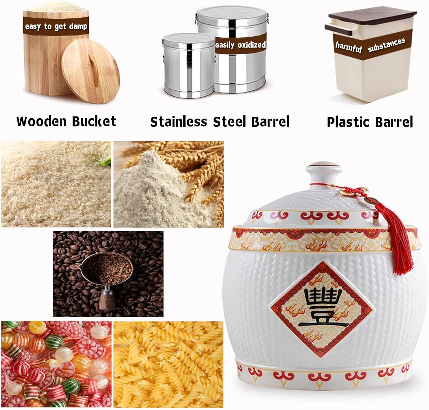 ظرف نگهداری مواد غذایی TODYLUCK با درب، ظرف سرامیکی نگهداری برنج، سطل برنج بزرگ چینی، شیشه آشپزخانه درب دار برای برنج/آرد/شیرینی/پاستا، هدیه منحصر به فرد (I، 4 کیلوگرم)