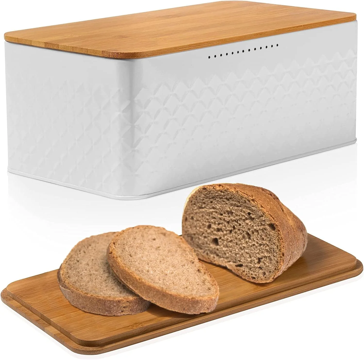 ظرف نان سفید برای روی کابینت آشپزخانه - ظرف نان با درب تخته برش چوبی بامبو - ظرف نان سفید طرح خانه روستایی - ظرف نان فلزی بزرگ با سبک مدرن برای افزایش تازگی - محفظه نگهداری نان