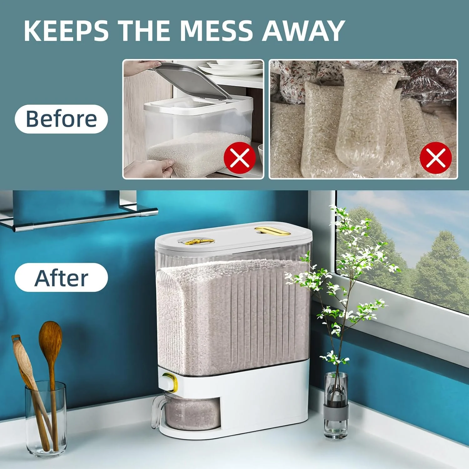 ظرف نگهداری برنج VenDotbi، ظرف برنج 10 کیلویی با پیمانه اندازه گیری، درب با نشانگر زمان و محفظه نگهداری تازه برای برنج، مناسب برای آشپزخانه و انبار خانه - سفید، ظرفیت 10 کیلوگرم