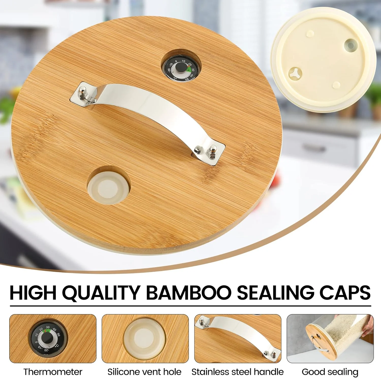 ظرف نگهداری برنج Vuinop، ظرف ذخیره سازی برنج: ظرف آرد و غلات با درب محکم و پایه چوبی، ظرف شیشه ای نگهداری مواد غذایی برای سازماندهی آشپزخانه و انبار (5 لیتر)