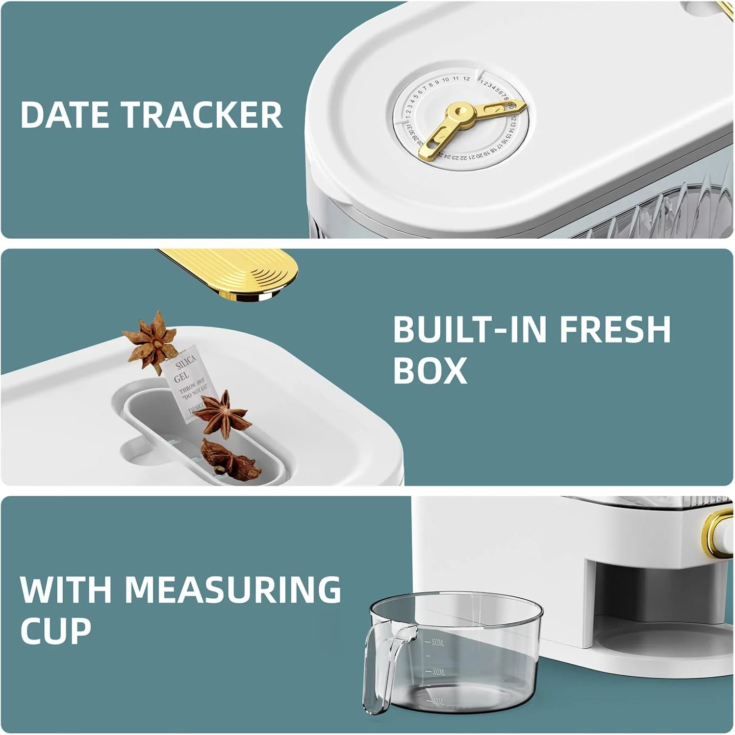 ظرف نگهداری برنج VenDotbi، ظرف برنج 10 کیلویی با پیمانه اندازه گیری، درب با نشانگر زمان و محفظه نگهداری تازه برای برنج، مناسب برای آشپزخانه و انبار خانه - سفید، ظرفیت 10 کیلوگرم