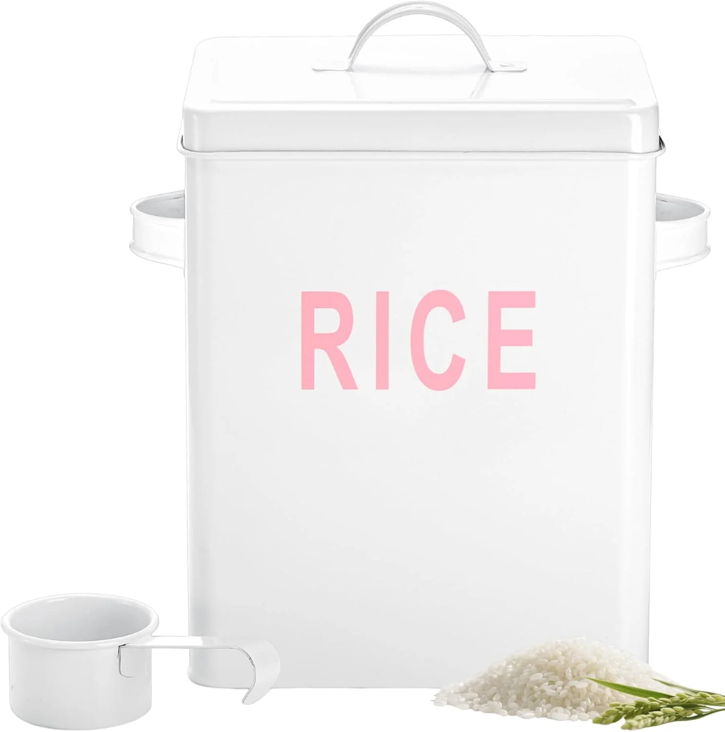 Youeon 10 Lbs Metal Rice Storage Container, Square Rice Canister with Lid and Measuring Scoop, Countertop Sealed Food Storage Container for Cereal, Beans, Pet Food, White