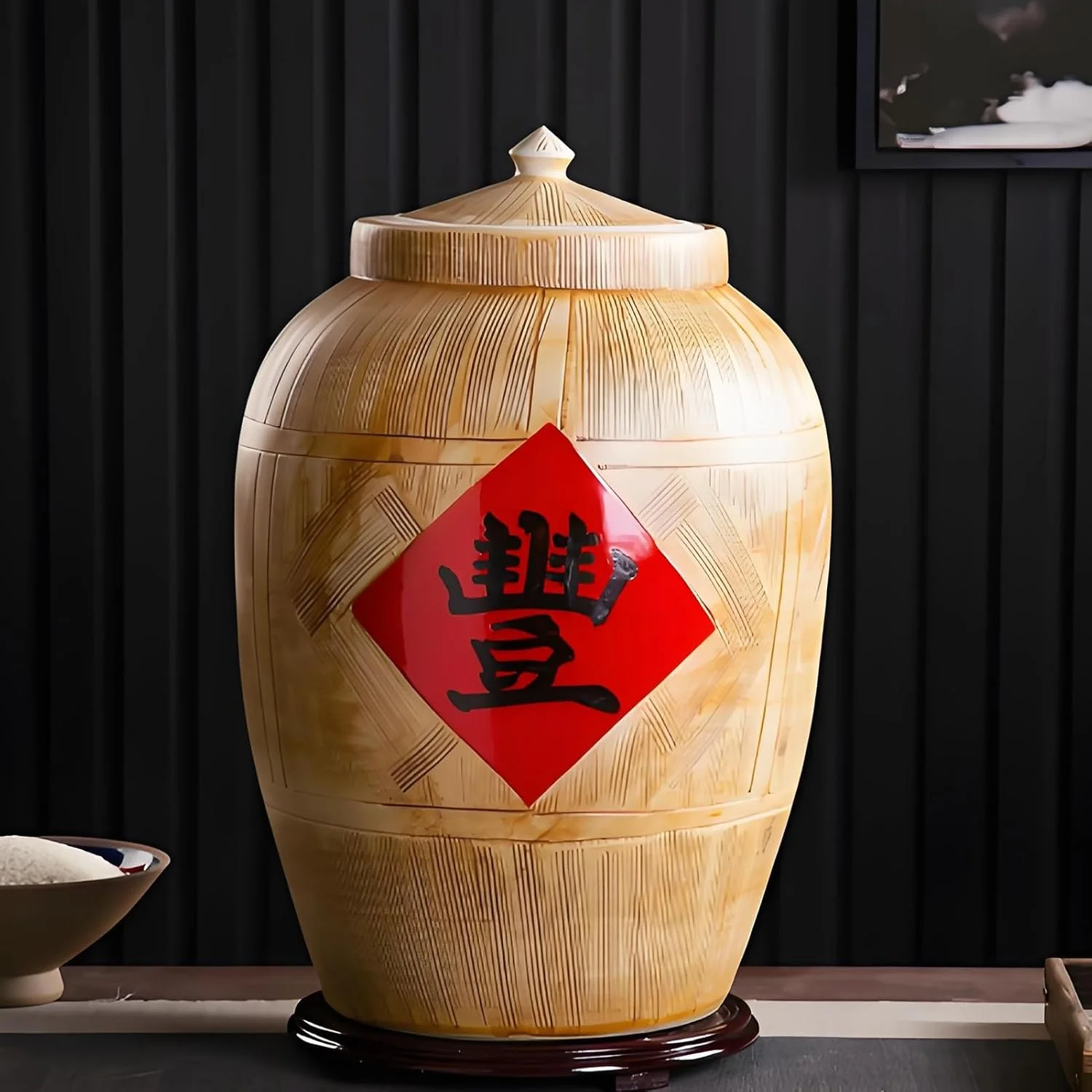 ظرف برنج سرامیکی YQMHEZ، ظرف کلاسیک برنج، ظرف نگهداری آشپزخانه با درب، ظرف نگهداری غلات، برنج، حبوبات، ذرت، گندم، جو دوسر (طرح چوب C، 15 کیلوگرم)