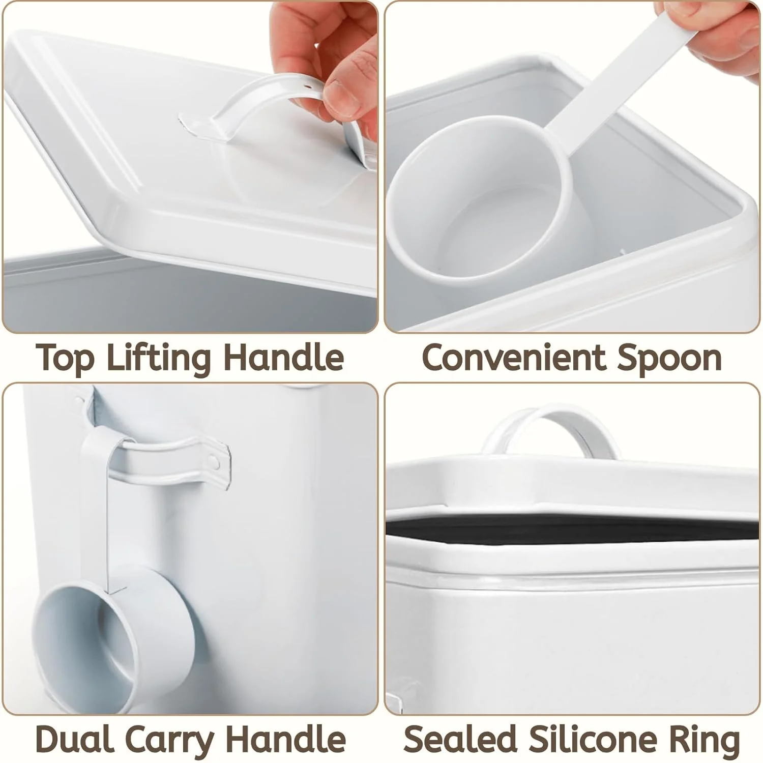 Youeon 10 Lbs Metal Rice Storage Container, Square Rice Canister with Lid and Measuring Scoop, Countertop Sealed Food Storage Container for Cereal, Beans, Pet Food, White