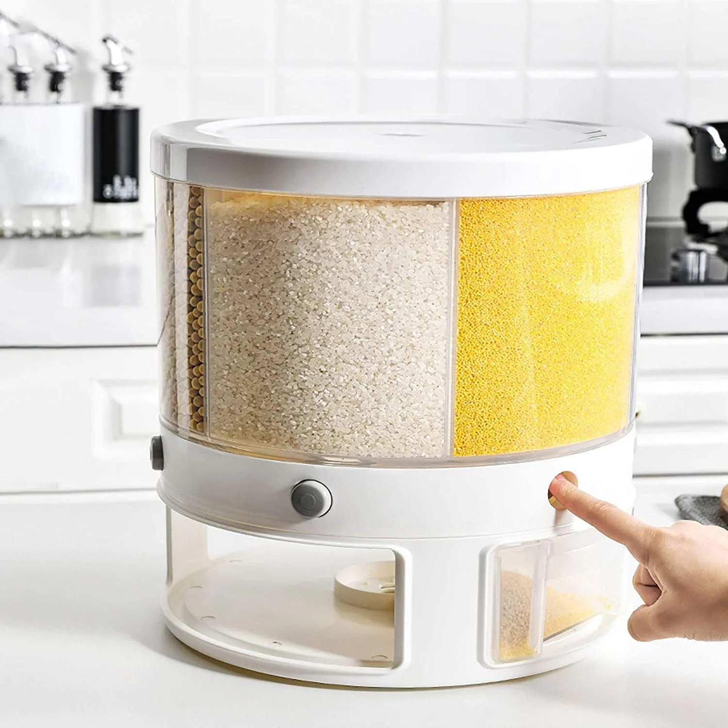 ظرف نگهداری غلات یمیم، ظرف بزرگ و مهر و موم شده با درب ضد رطوبت، پخش کننده برنج، جعبه نگهداری مواد غذایی چرخشی، سطل برنج، جعبه میوه و مواد غذایی خشک برای آشپزخانه منزل