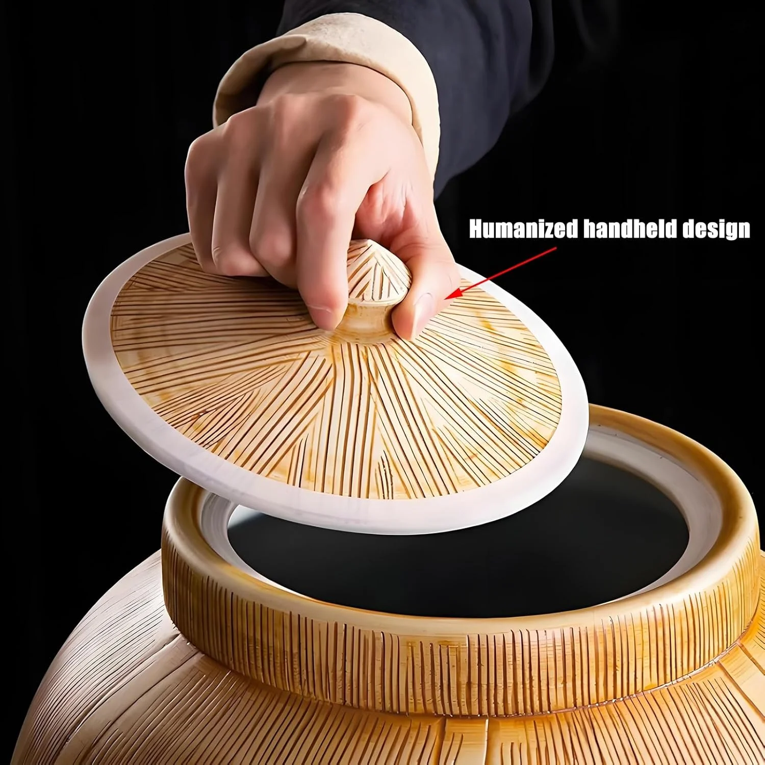 ظرف برنج سرامیکی YQMHEZ، ظرف کلاسیک برنج، ظرف نگهداری آشپزخانه با درب، ظرف نگهداری غلات، برنج، حبوبات، ذرت، گندم، جو دوسر (طرح چوب C، 15 کیلوگرم)