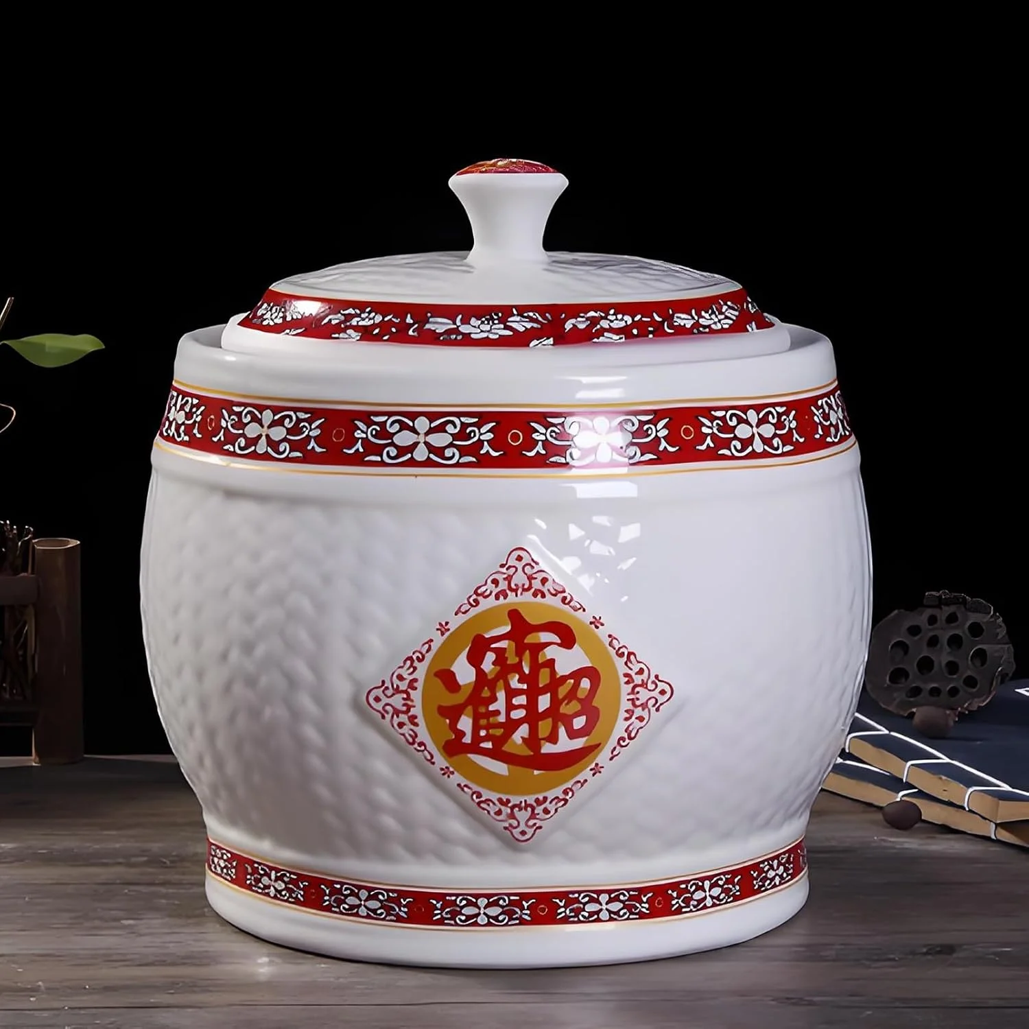 ظرف بزرگ سرامیکی برنج YQMHEZ، ظرف نگهداری مواد غذایی درب دار، ظرف نگهداری برنج، کوزه برنج خانگی، ظرف برنج آشپزخانه، برای برنج، سویا، ذرت، آرد (سفید B، 4 کیلوگرم)