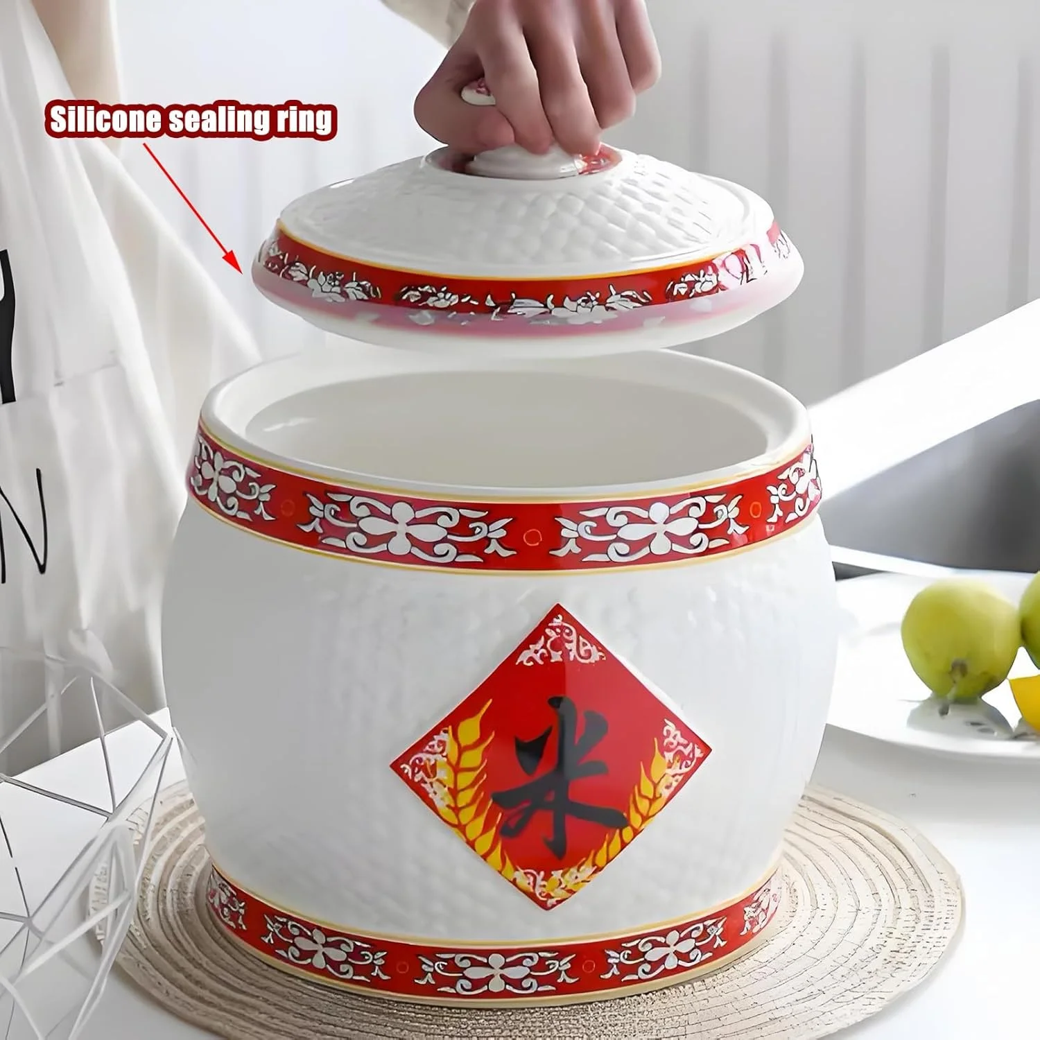 ظرف بزرگ سرامیکی برنج YQMHEZ، ظرف نگهداری مواد غذایی درب دار، ظرف نگهداری برنج، کوزه برنج خانگی، ظرف برنج آشپزخانه، برای برنج، سویا، ذرت، آرد (سفید B، 4 کیلوگرم)