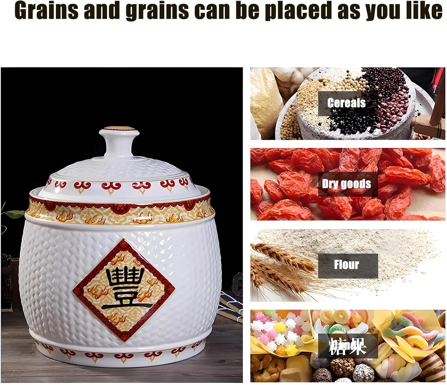 ظرف بزرگ سرامیکی برنج YQMHEZ، ظرف نگهداری مواد غذایی درب دار، ظرف نگهداری برنج، کوزه برنج خانگی، ظرف برنج آشپزخانه، برای برنج، سویا، ذرت، آرد (سفید B، 4 کیلوگرم)