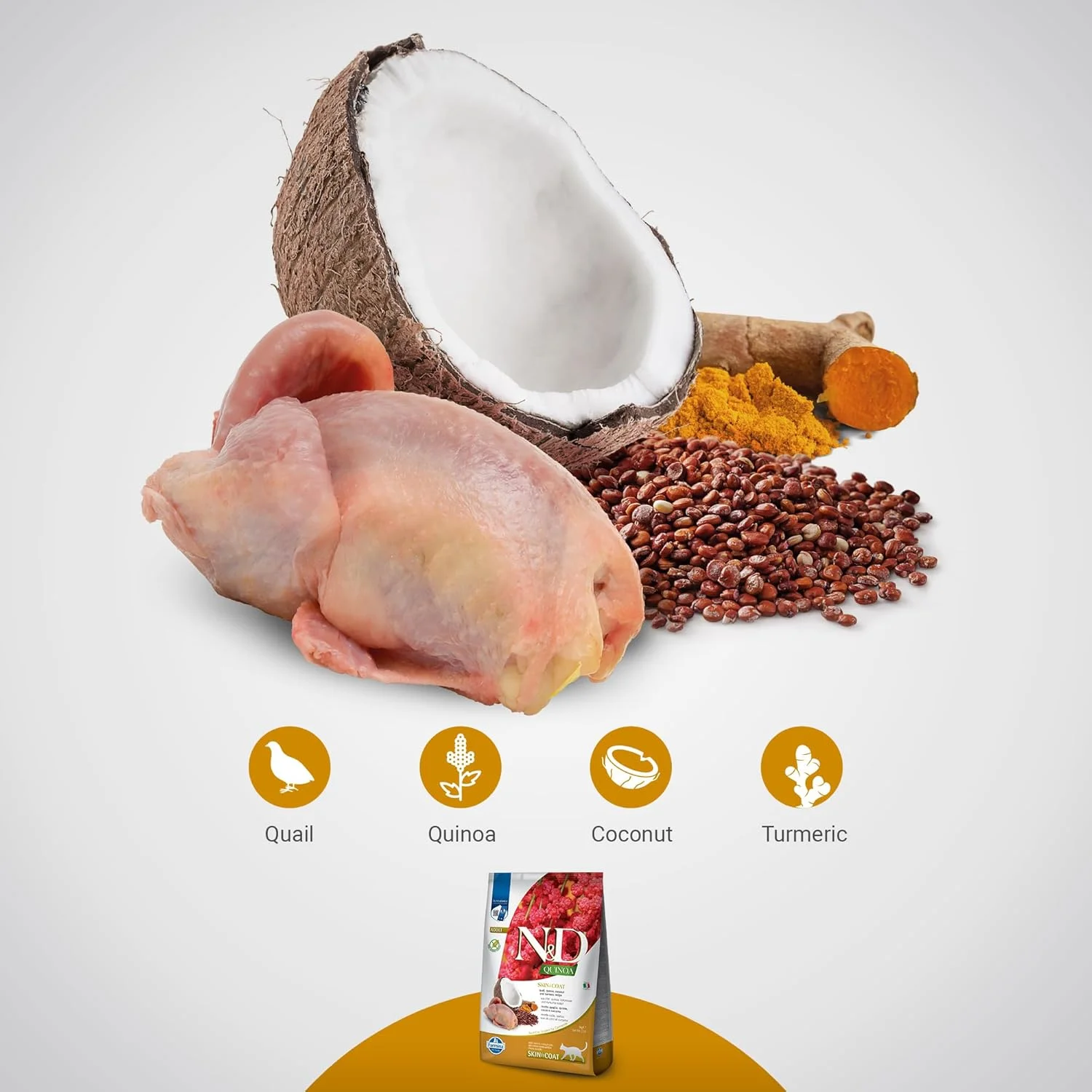 غذای خشک گربه فارمینا N&D کینوا پوست و مو، بالغ، بدون غلات، 5 کیلوگرم، بلدرچین نارگیل و زردچوبه غذای خشک گربه فارمینا N&D کینوا پوست و مو، بالغ، بدون غلات، 5 کیلوگرم، بلدرچین نارگیل و زردچوبه