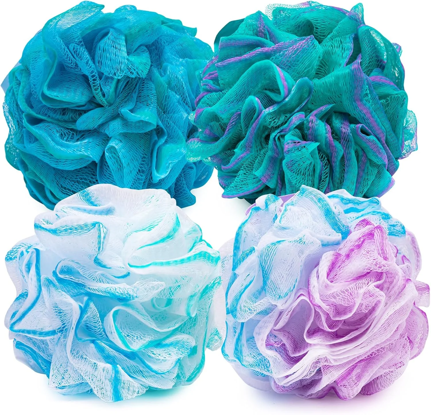 لیف لوفا بولیوول برای زنان و مردان، بسته 4 عددی لیف حمام 75 گرمی، اسکراب لایه بردار بدن، لیف رنگی گل برای زنان و مردان، اسکراب لیف حمام برای بدن، لوازم جانبی حمام