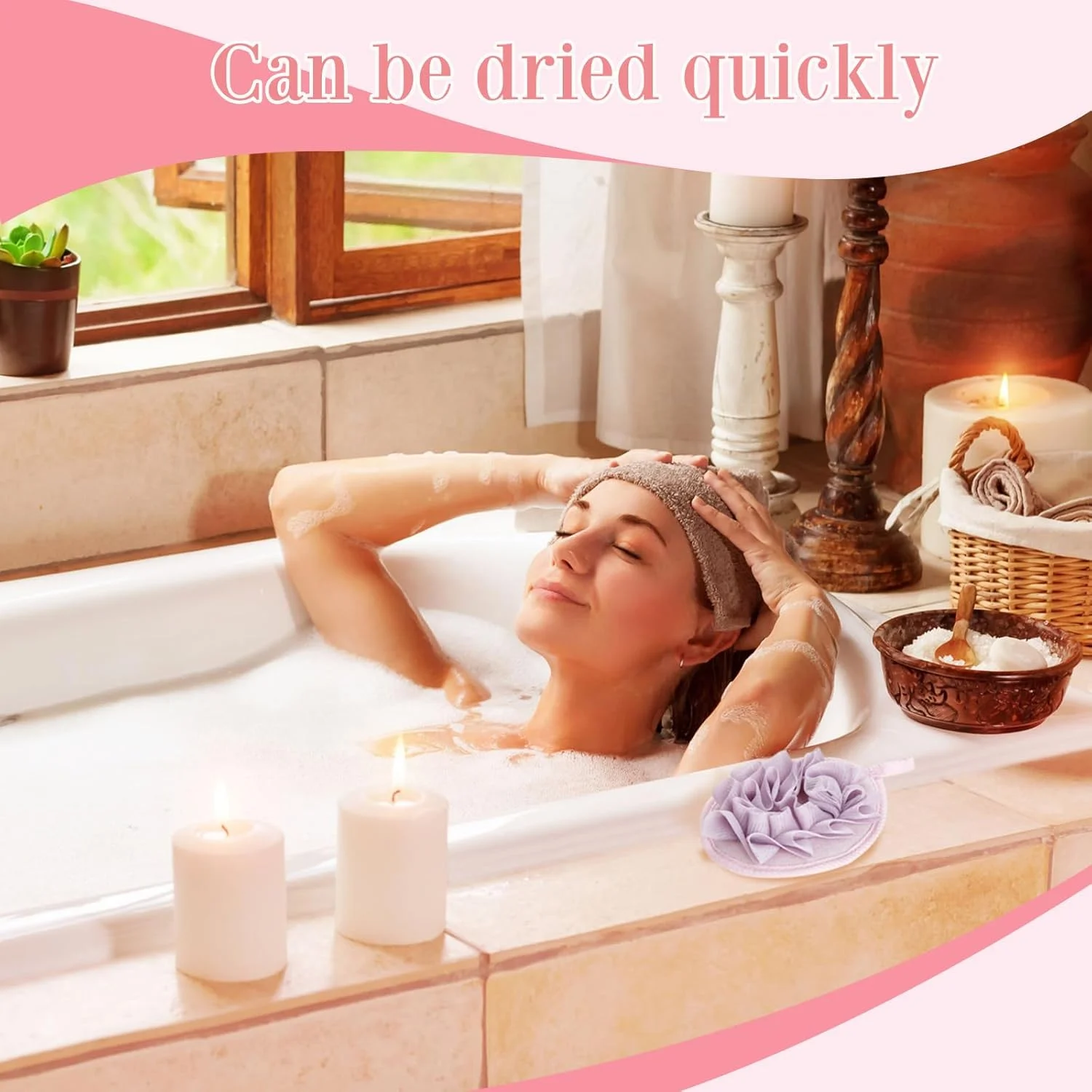 پوف حمام Boao، اسفنج توری، توپ حمام، پد اسفنجی لایه بردار بدن، دستکش اسکرابر با توپ حمام گل (3 عدد، بنفش)