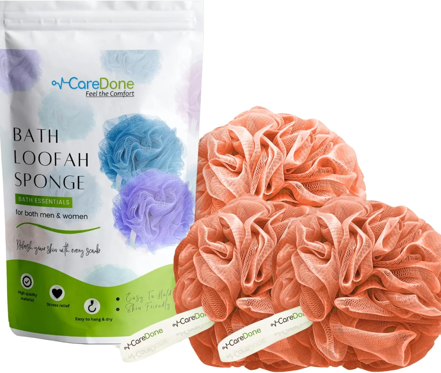 لیف بدن و اسفنج لوفا دوش Caredone | لوفا برای مردان، زنان و کودکان | لوفا اسفنجی گرد (بسته 3 عددی نارنجی)