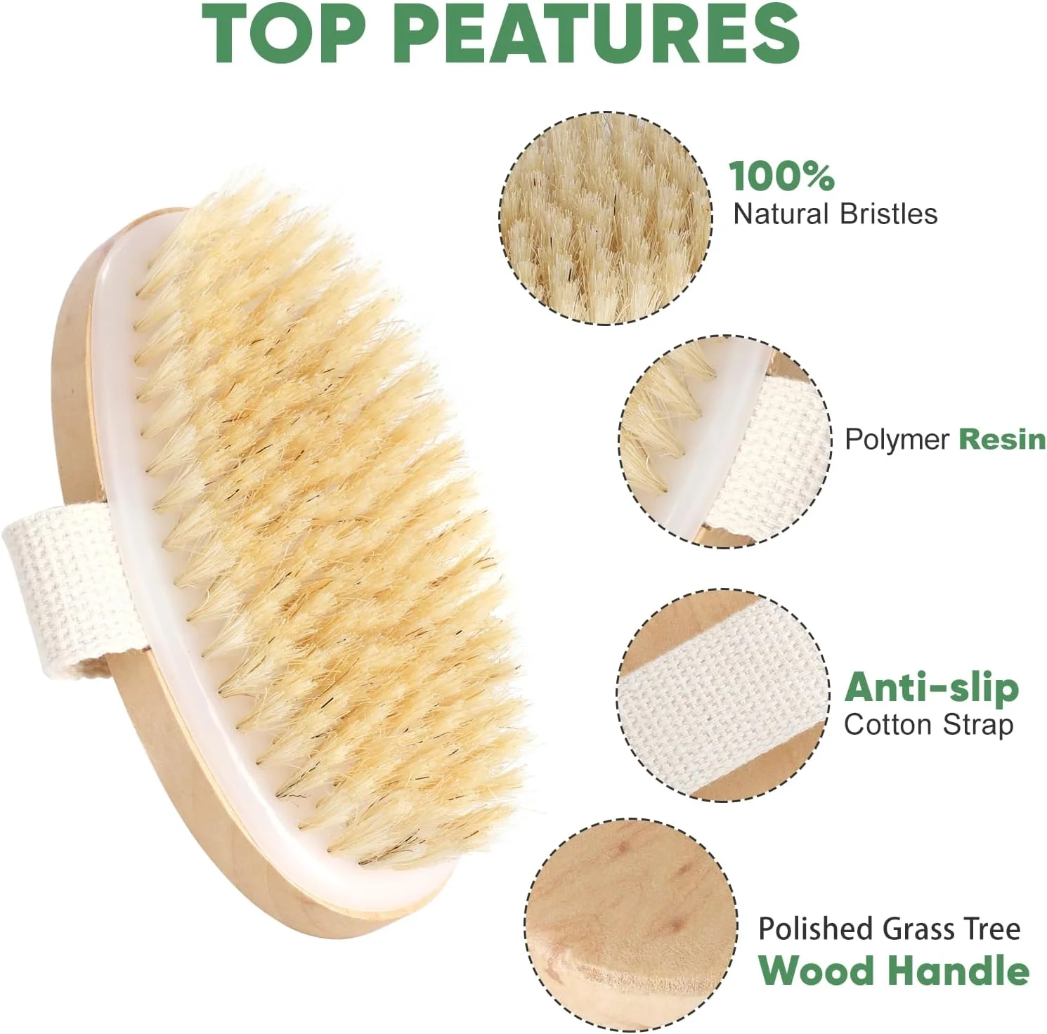 برس بیضی شکل خشک شویی، برس حمام با موهای نرم برای بدن، برس چوبی لایه بردار دوش برای پوست صاف، بهبود گردش خون
